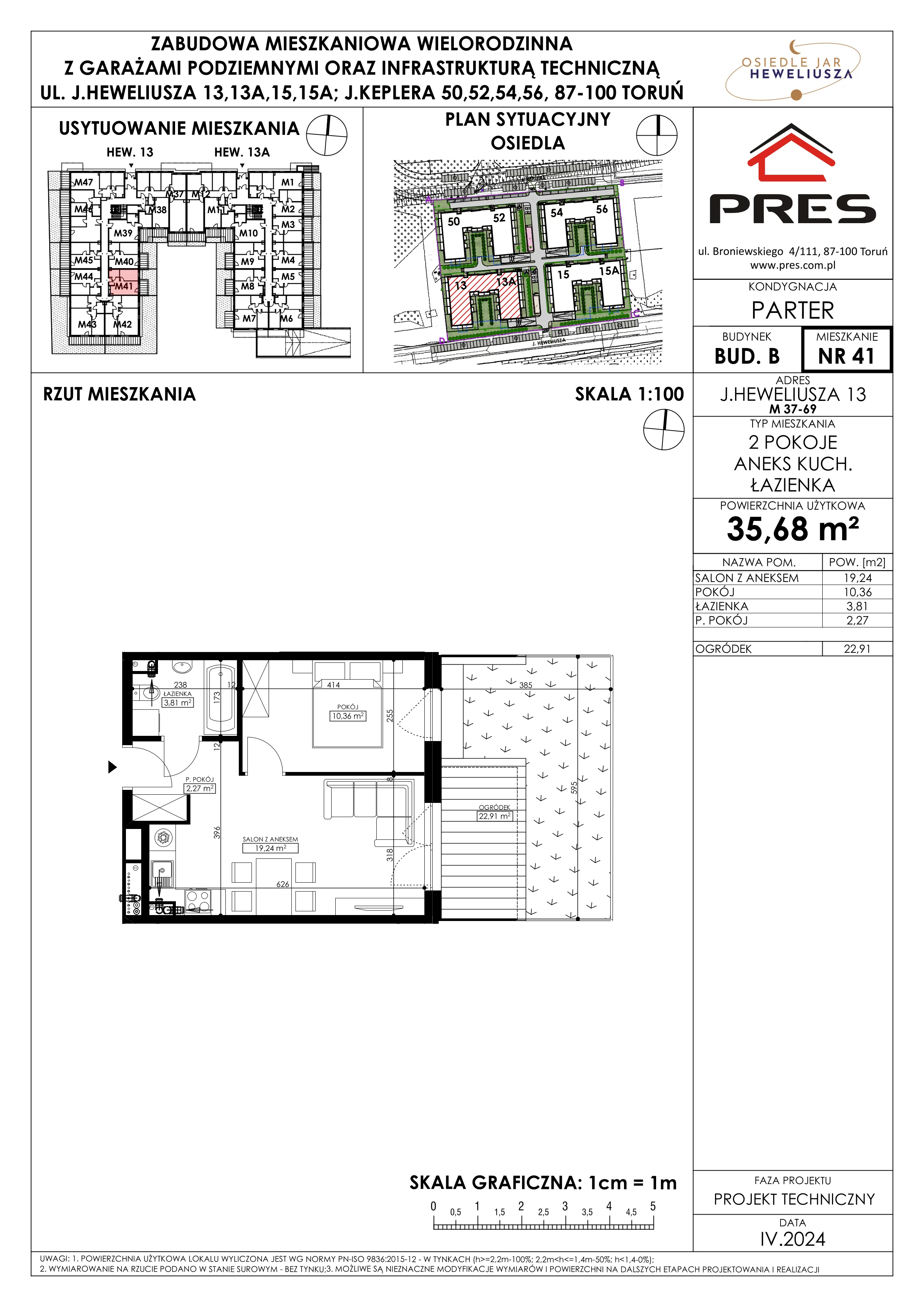 Mieszkanie 35,68 m², parter, oferta nr 41, Osiedle JAR Heweliusza - Etap II, Toruń, Wrzosy, JAR, ul. Heweliusza 13-15A