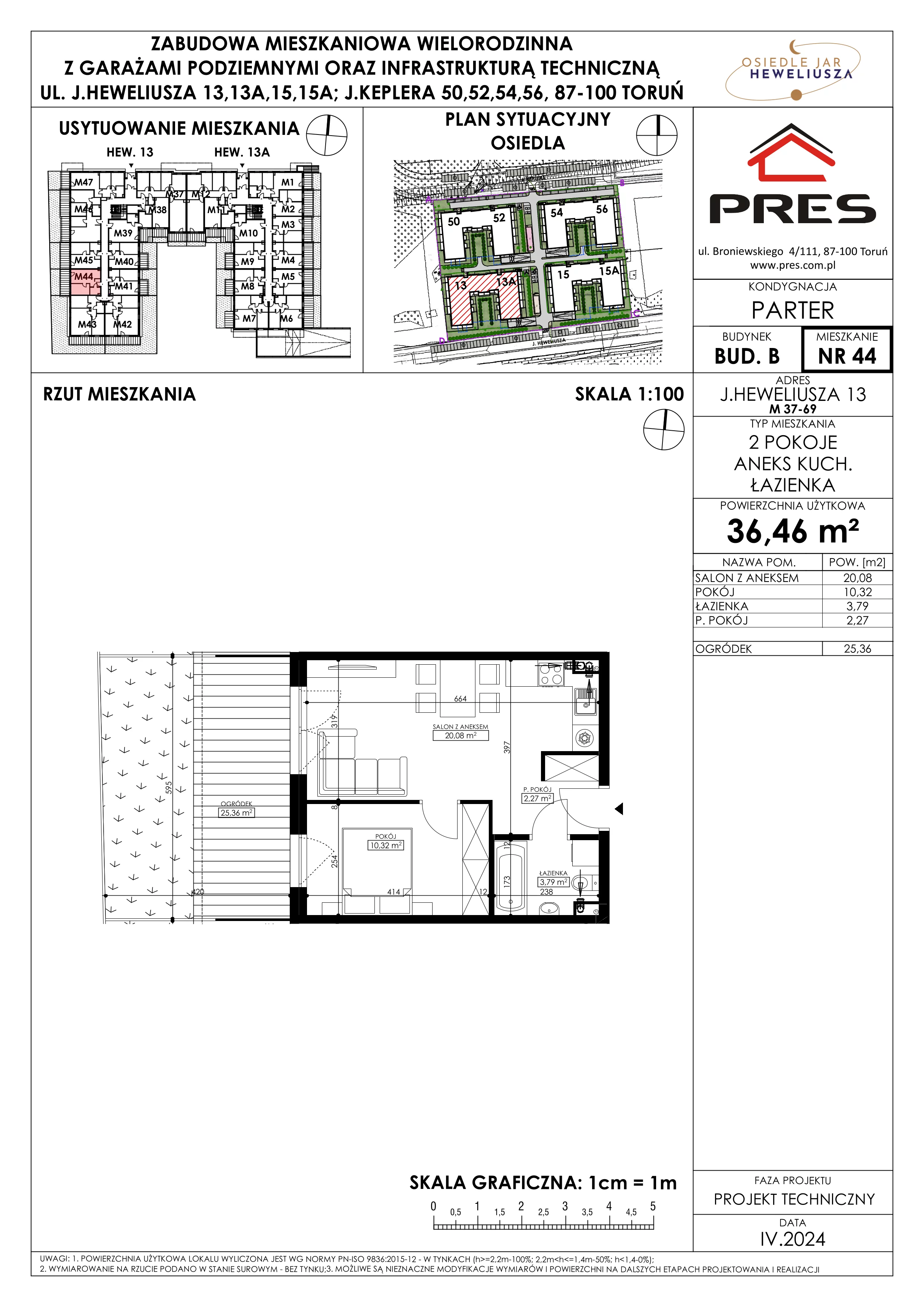 Mieszkanie 36,46 m², parter, oferta nr 44, Osiedle JAR Heweliusza - Etap II, Toruń, Wrzosy, JAR, ul. Heweliusza 13-15A