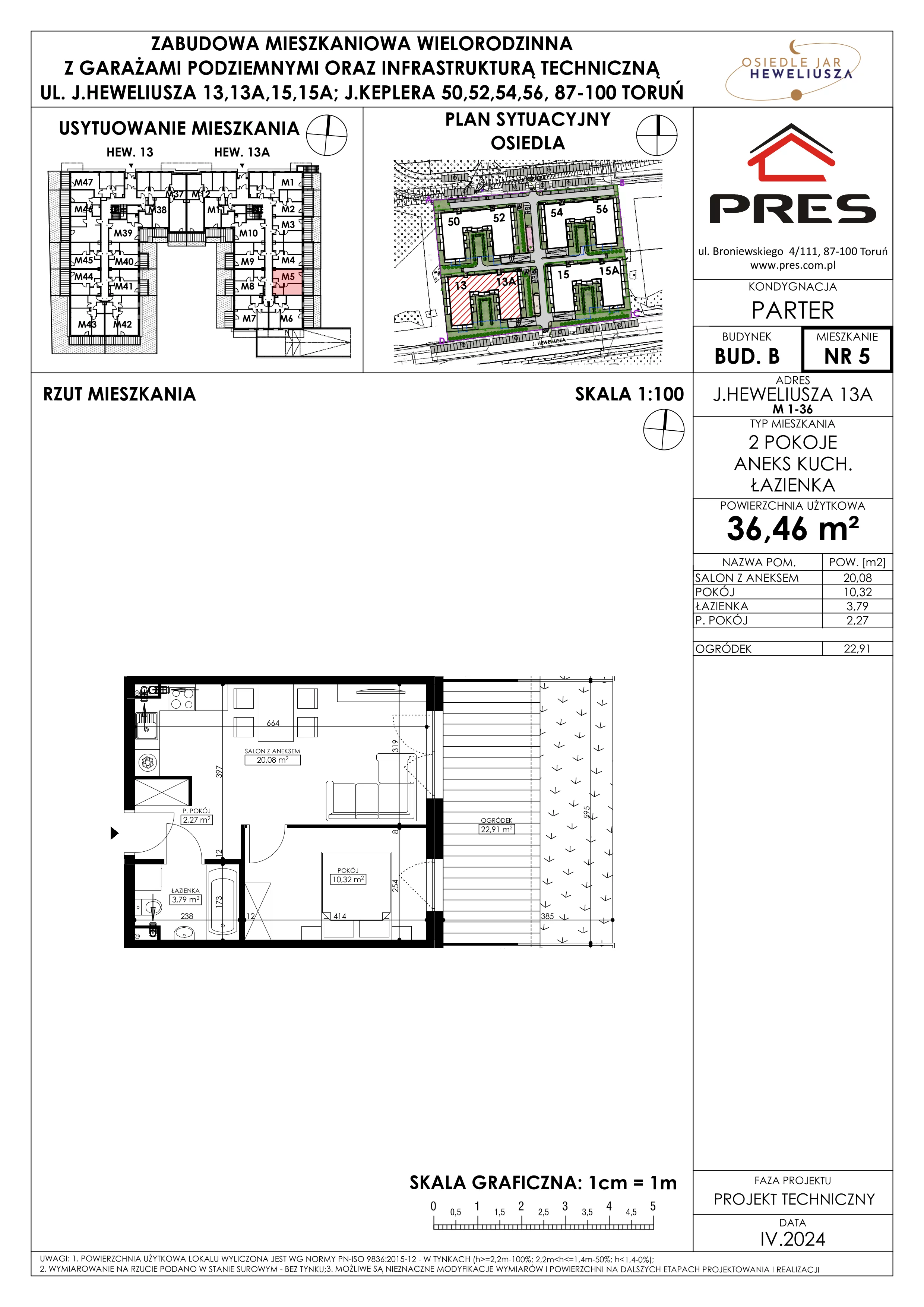 Mieszkanie 36,46 m², parter, oferta nr 5, Osiedle JAR Heweliusza - Etap II, Toruń, Wrzosy, JAR, ul. Heweliusza 13-15A