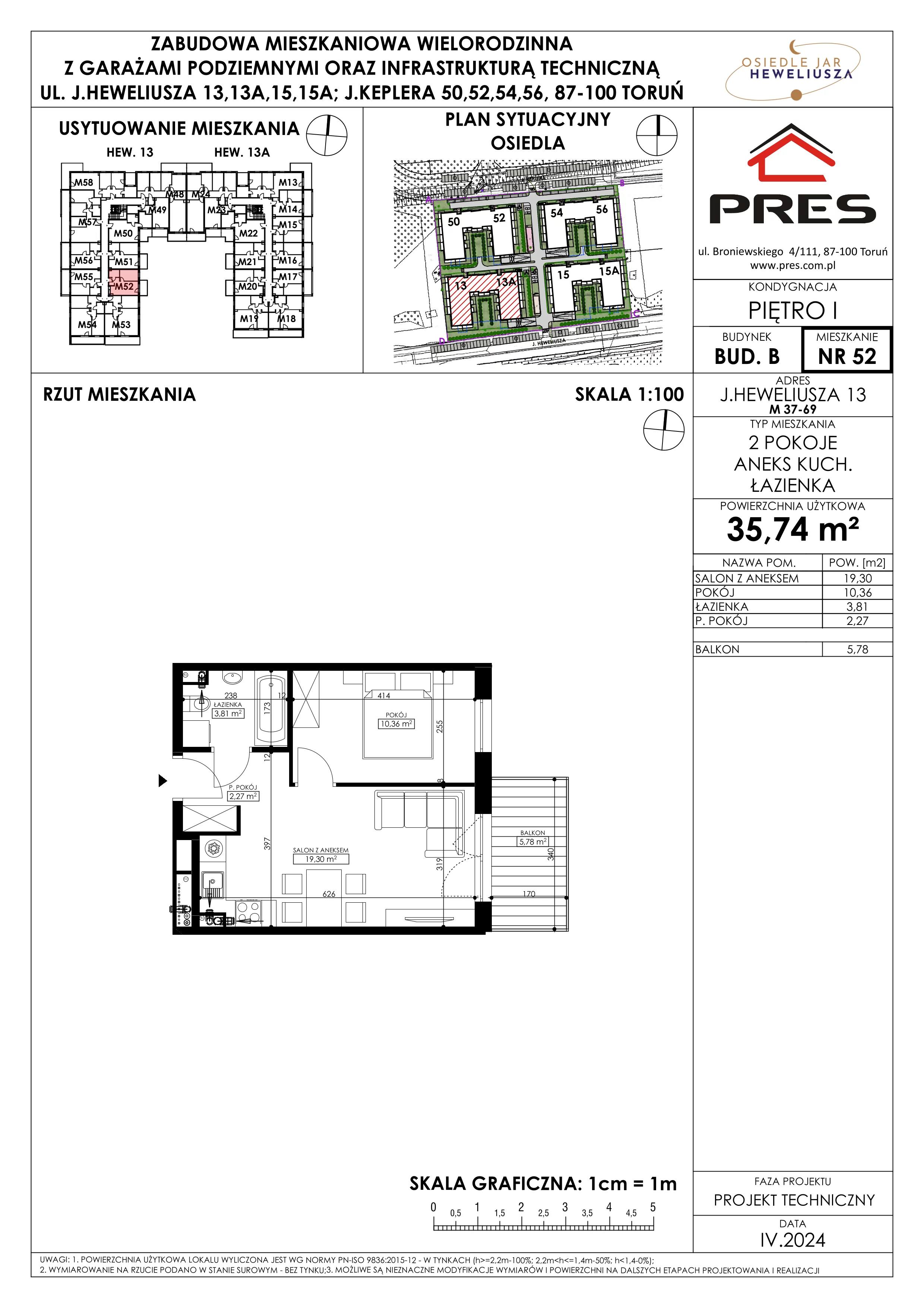 Mieszkanie 35,74 m², piętro 1, oferta nr 52, Osiedle JAR Heweliusza - Etap II, Toruń, Wrzosy, JAR, ul. Heweliusza 13-15A
