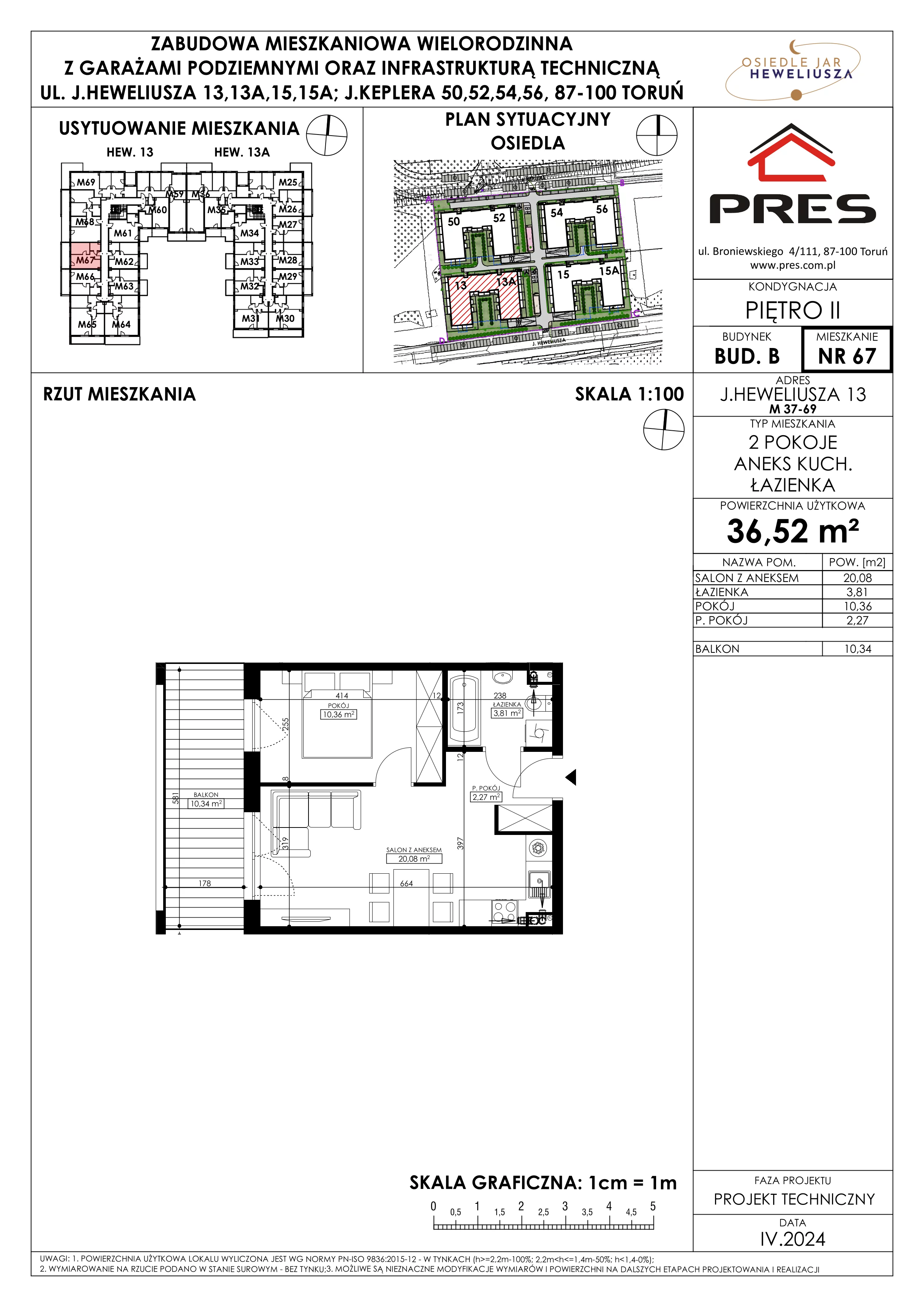Mieszkanie 36,52 m², piętro 2, oferta nr 67, Osiedle JAR Heweliusza - Etap II, Toruń, Wrzosy, JAR, ul. Heweliusza 13-15A