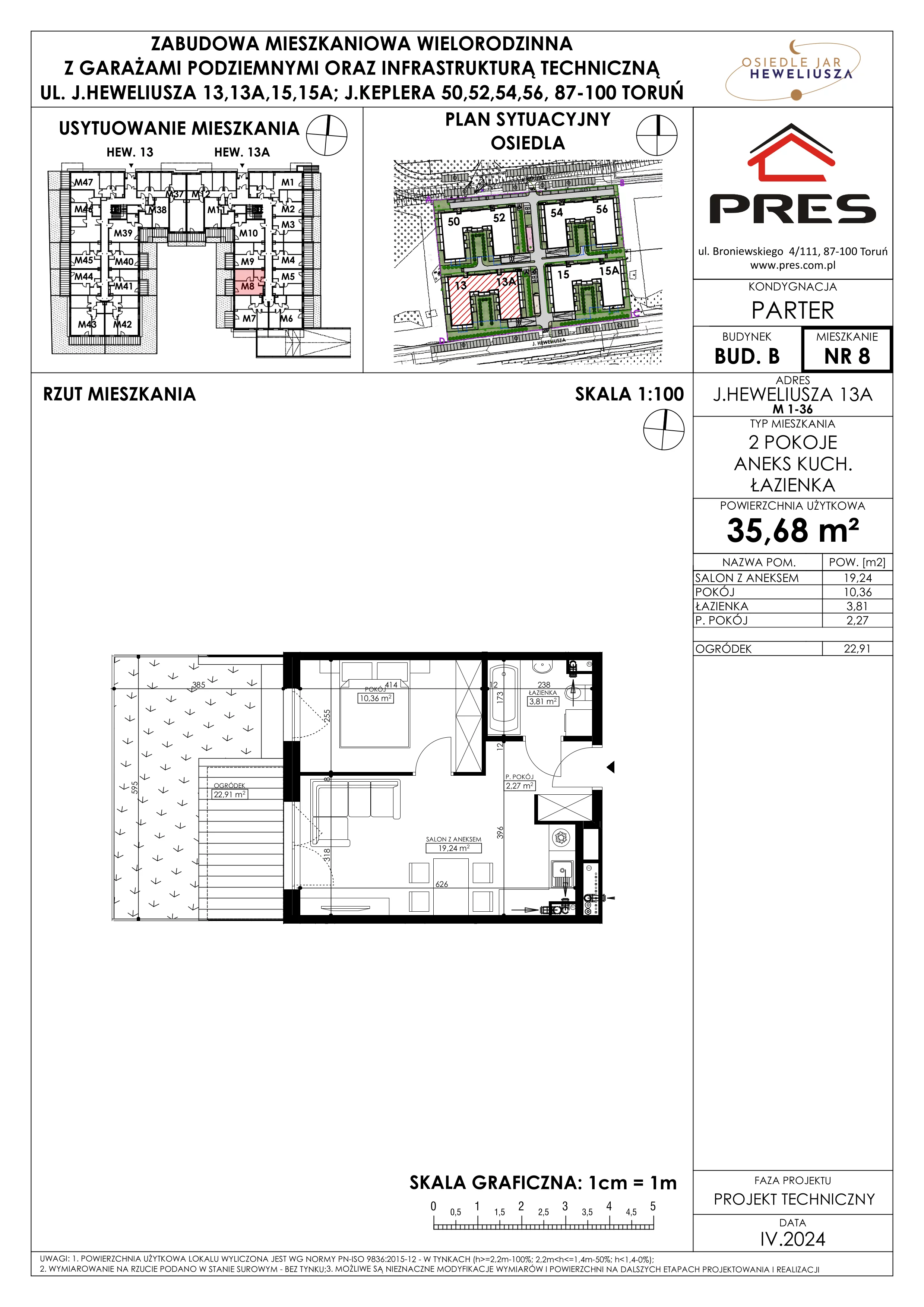 Mieszkanie 35,68 m², parter, oferta nr 8, Osiedle JAR Heweliusza - Etap II, Toruń, Wrzosy, JAR, ul. Heweliusza 13-15A
