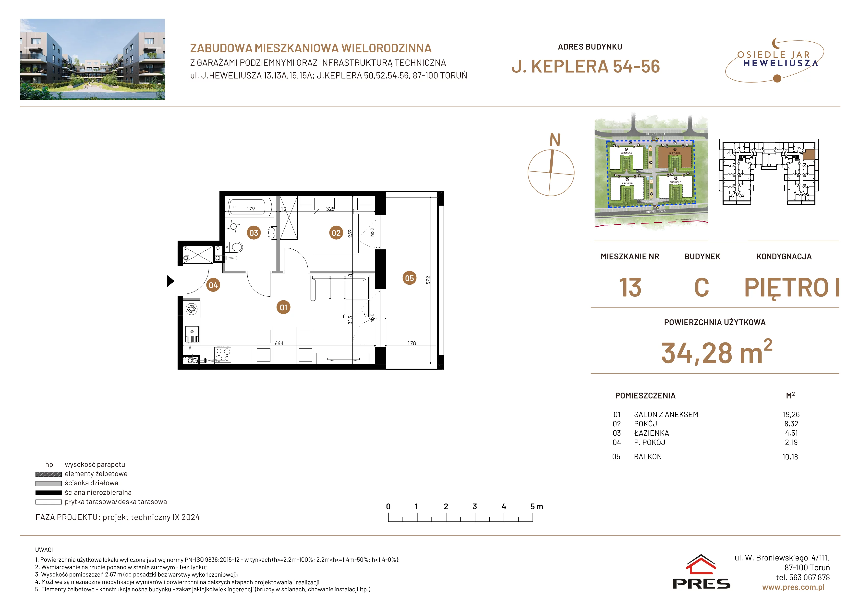 2 pokoje, mieszkanie 34,28 m², piętro 1, oferta nr 13, Osiedle JAR Heweliusza - Etap III, Toruń, Wrzosy, JAR, ul. Jana Keplera 54-56