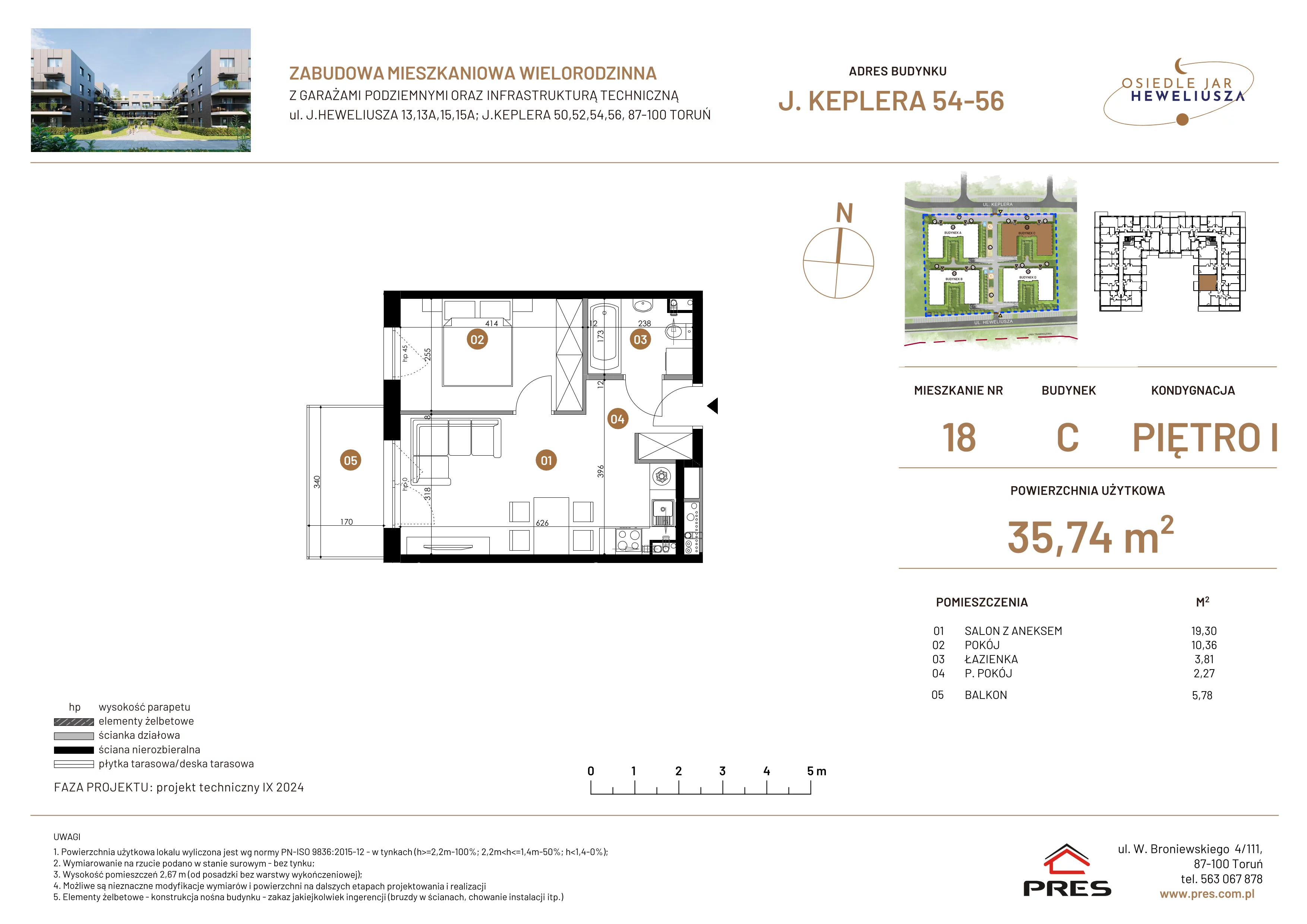 2 pokoje, mieszkanie 35,74 m², piętro 1, oferta nr 18, Osiedle JAR Heweliusza - Etap III, Toruń, Wrzosy, JAR, ul. Jana Keplera 54-56