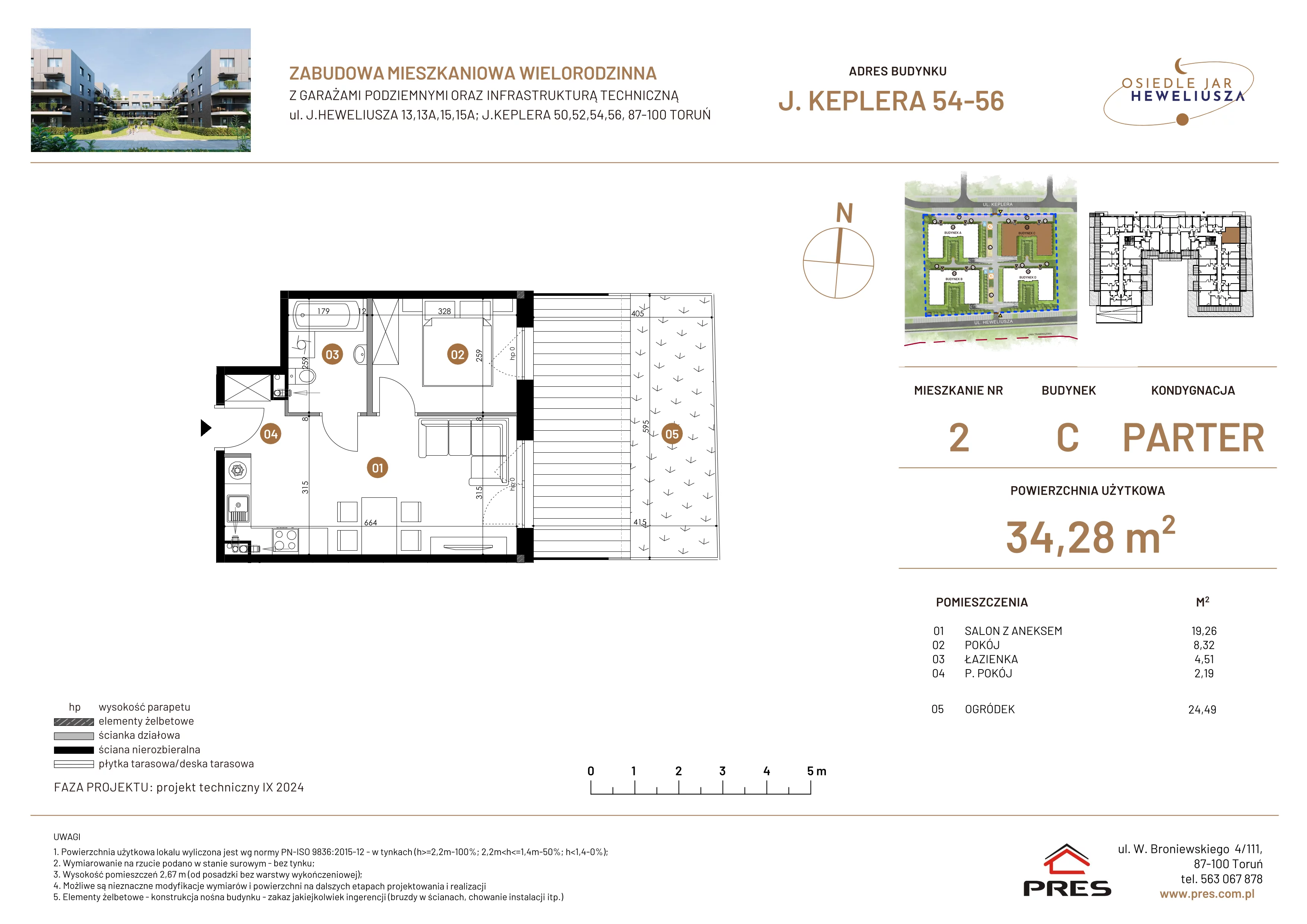 2 pokoje, mieszkanie 34,28 m², parter, oferta nr 2, Osiedle JAR Heweliusza - Etap III, Toruń, Wrzosy, JAR, ul. Jana Keplera 54-56