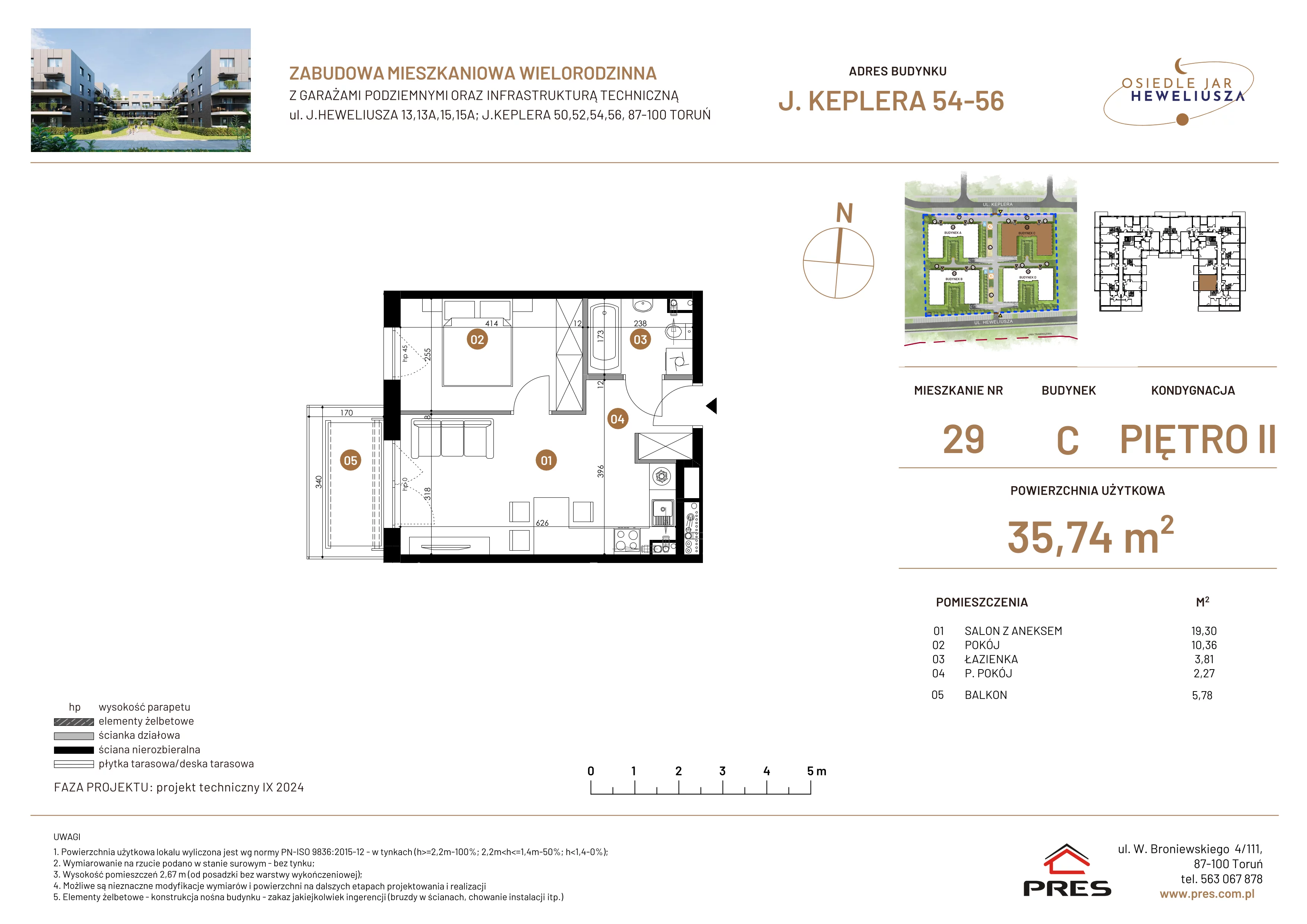 2 pokoje, mieszkanie 35,74 m², piętro 2, oferta nr 29, Osiedle JAR Heweliusza - Etap III, Toruń, Wrzosy, JAR, ul. Jana Keplera 54-56