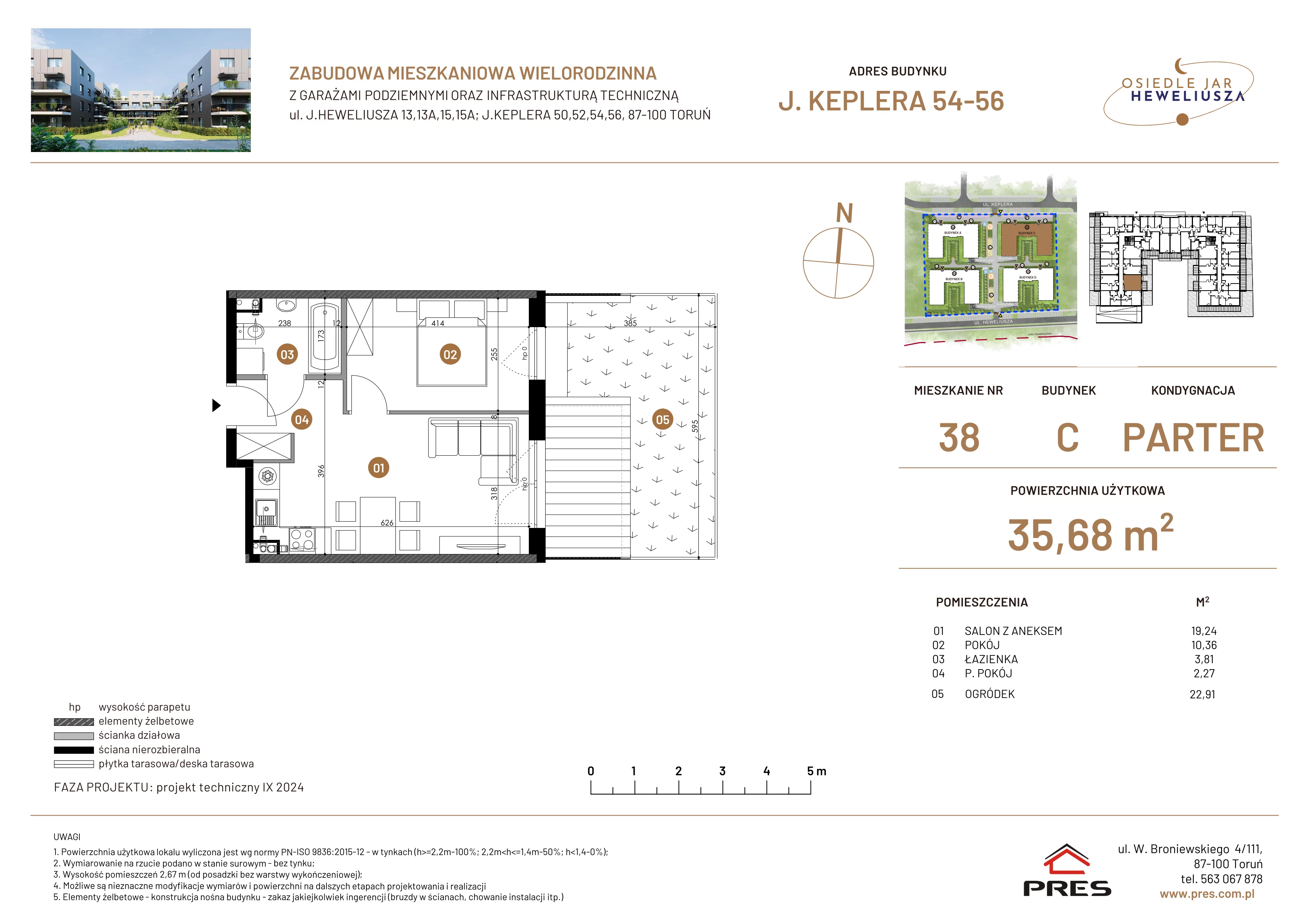 2 pokoje, mieszkanie 35,68 m², parter, oferta nr 38, Osiedle JAR Heweliusza - Etap III, Toruń, Wrzosy, JAR, ul. Jana Keplera 54-56