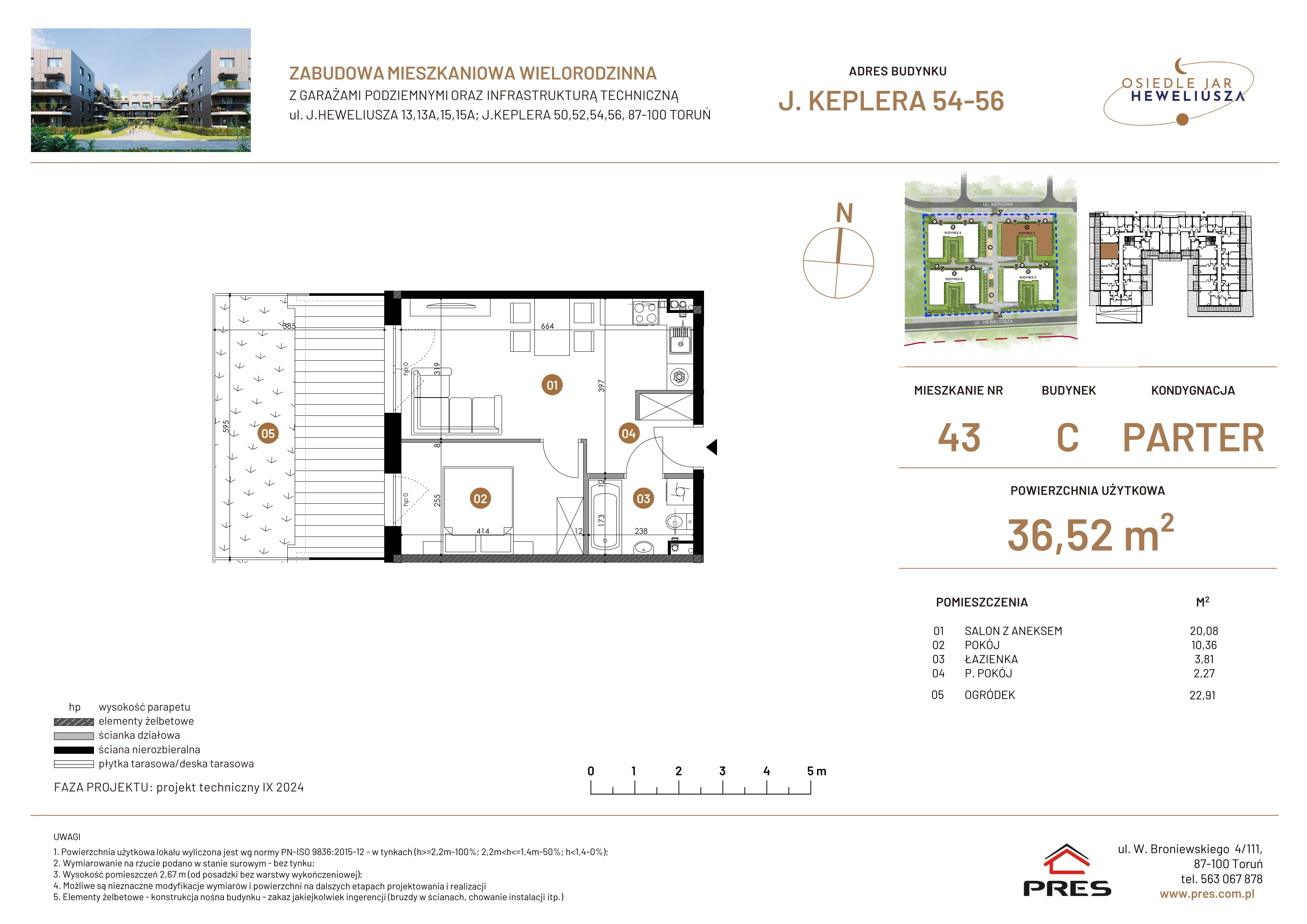 2 pokoje, mieszkanie 36,52 m², parter, oferta nr 43, Osiedle JAR Heweliusza - Etap III, Toruń, Wrzosy, JAR, ul. Jana Keplera 54-56