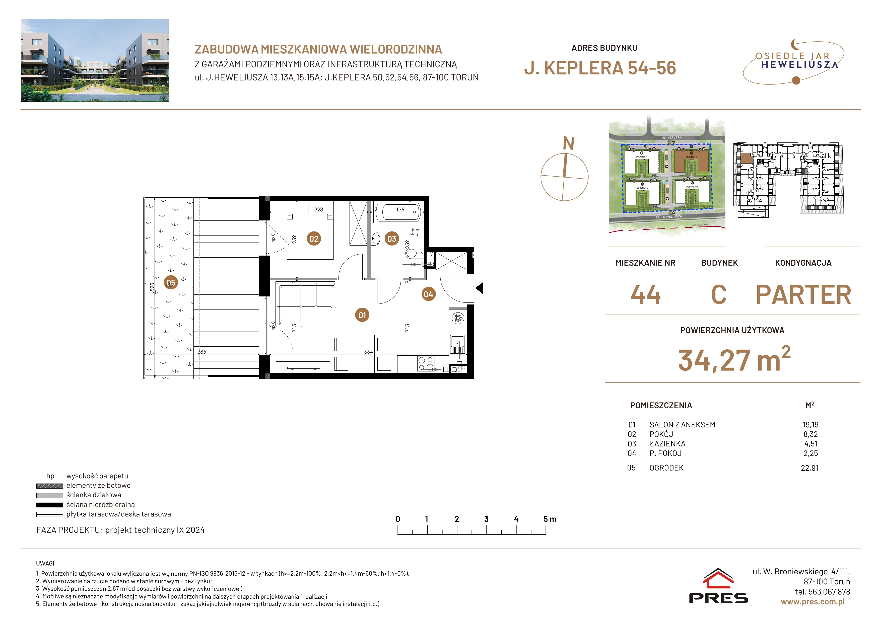 2 pokoje, mieszkanie 34,27 m², parter, oferta nr 44, Osiedle JAR Heweliusza - Etap III, Toruń, Wrzosy, JAR, ul. Jana Keplera 54-56