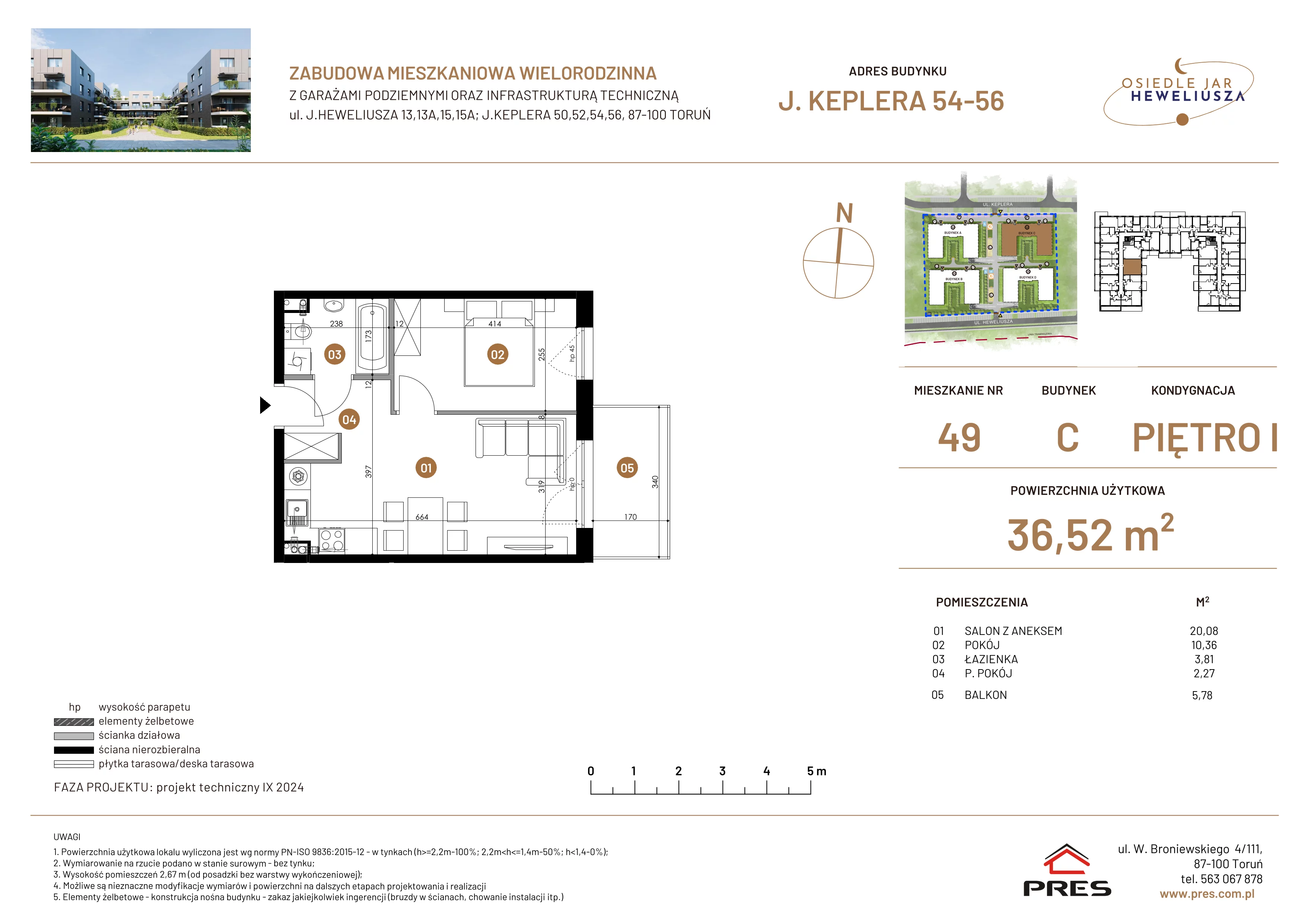 2 pokoje, mieszkanie 36,52 m², piętro 1, oferta nr 49, Osiedle JAR Heweliusza - Etap III, Toruń, Wrzosy, JAR, ul. Jana Keplera 54-56