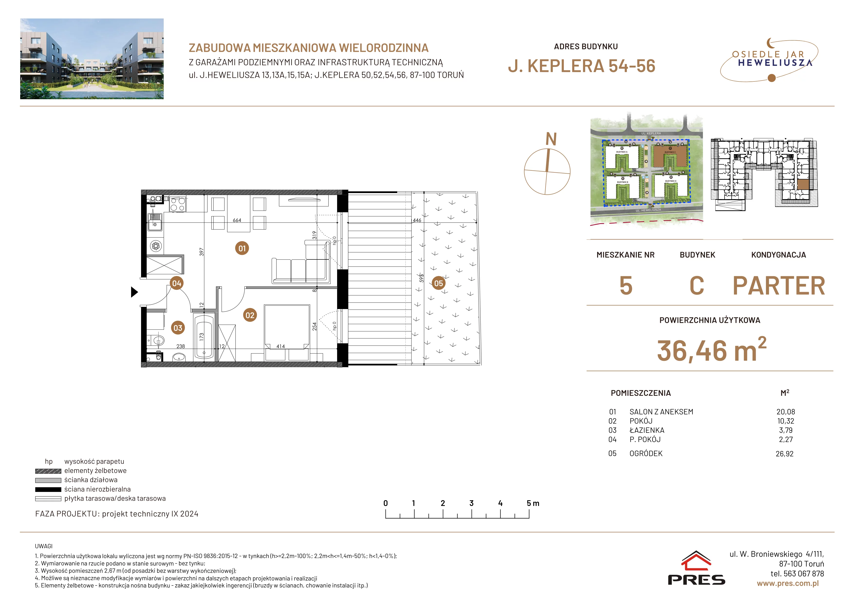 2 pokoje, mieszkanie 36,46 m², parter, oferta nr 5, Osiedle JAR Heweliusza - Etap III, Toruń, Wrzosy, JAR, ul. Jana Keplera 54-56