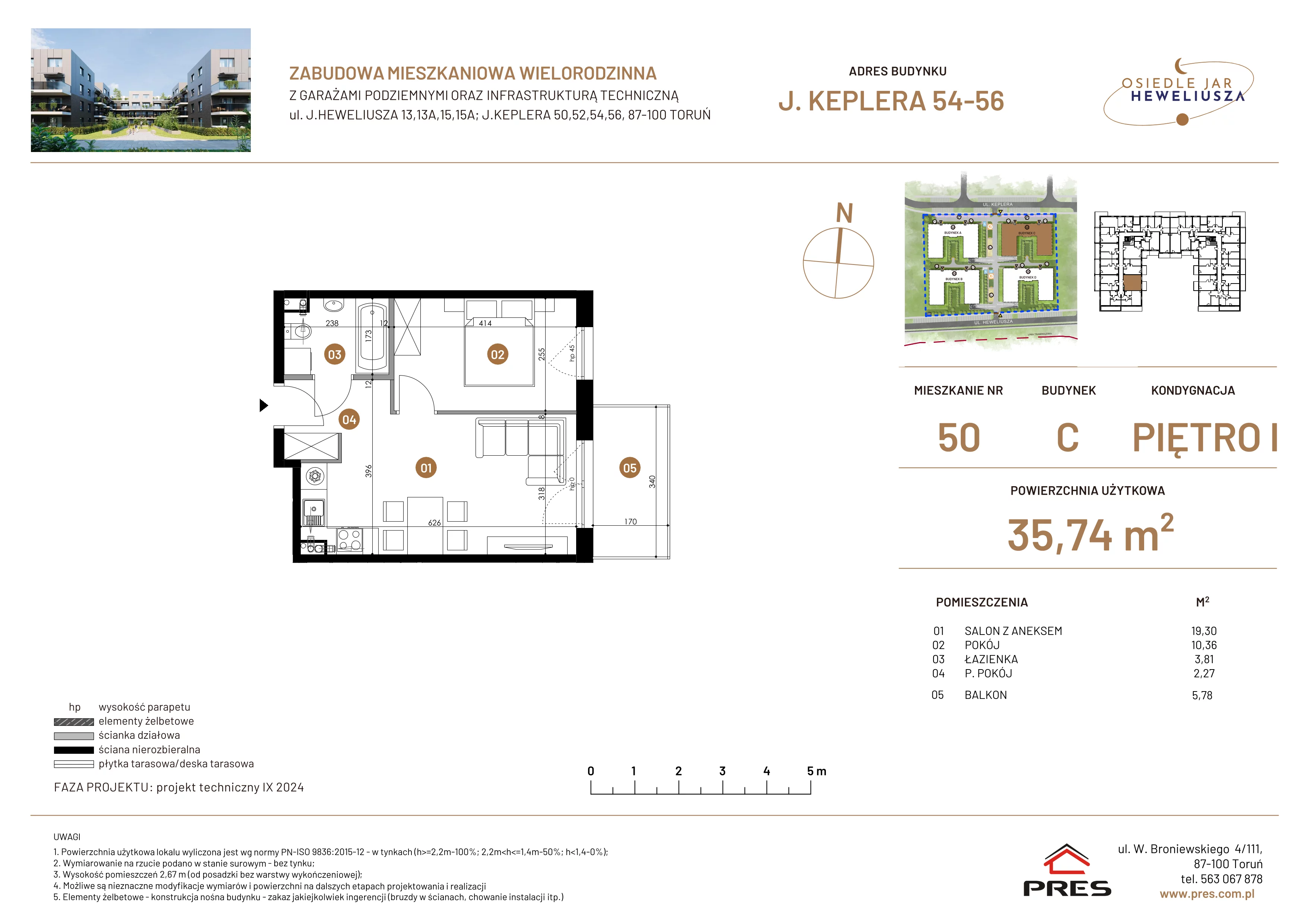 2 pokoje, mieszkanie 35,74 m², piętro 1, oferta nr 50, Osiedle JAR Heweliusza - Etap III, Toruń, Wrzosy, JAR, ul. Jana Keplera 54-56