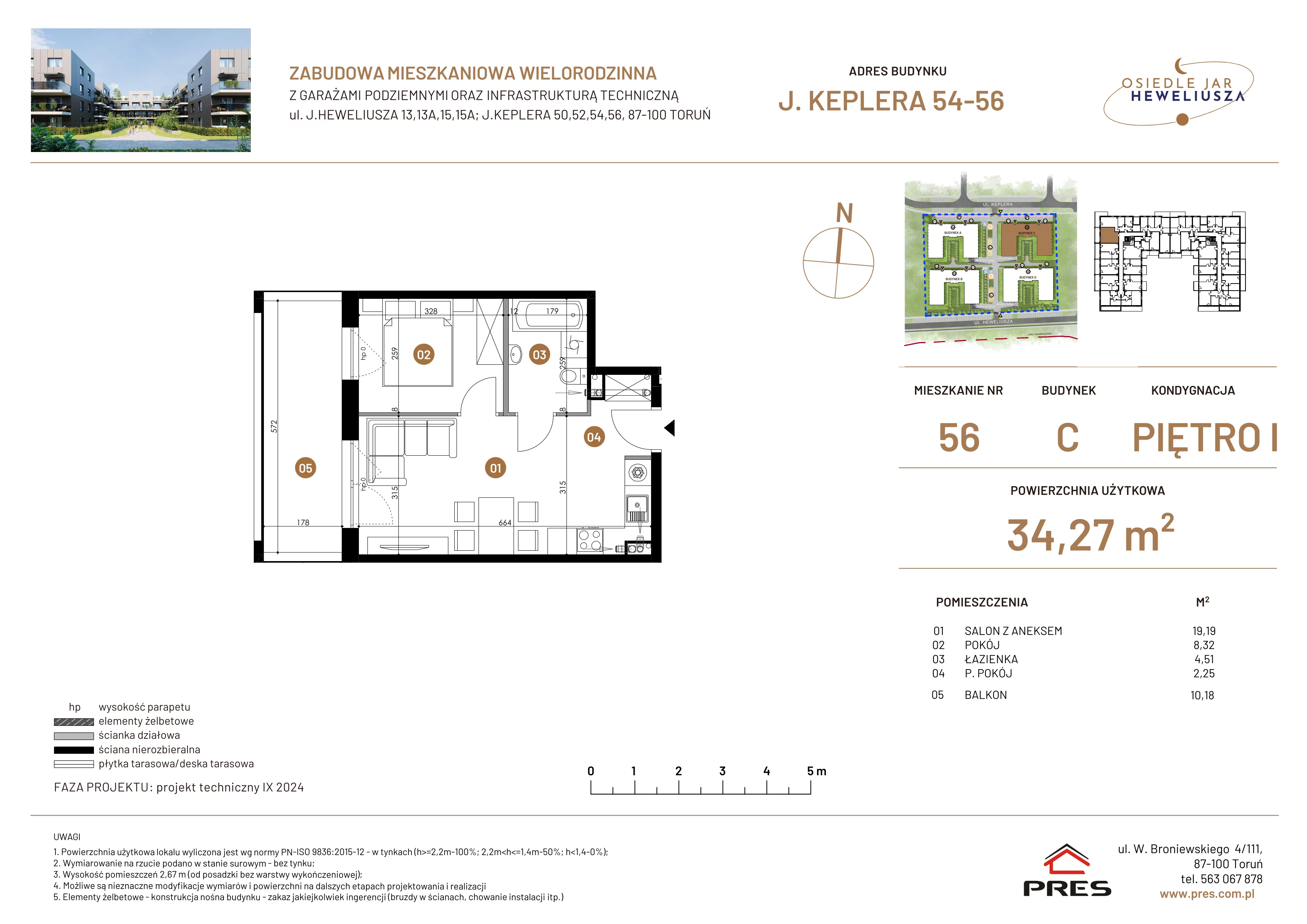 2 pokoje, mieszkanie 34,27 m², piętro 1, oferta nr 56, Osiedle JAR Heweliusza - Etap III, Toruń, Wrzosy, JAR, ul. Jana Keplera 54-56