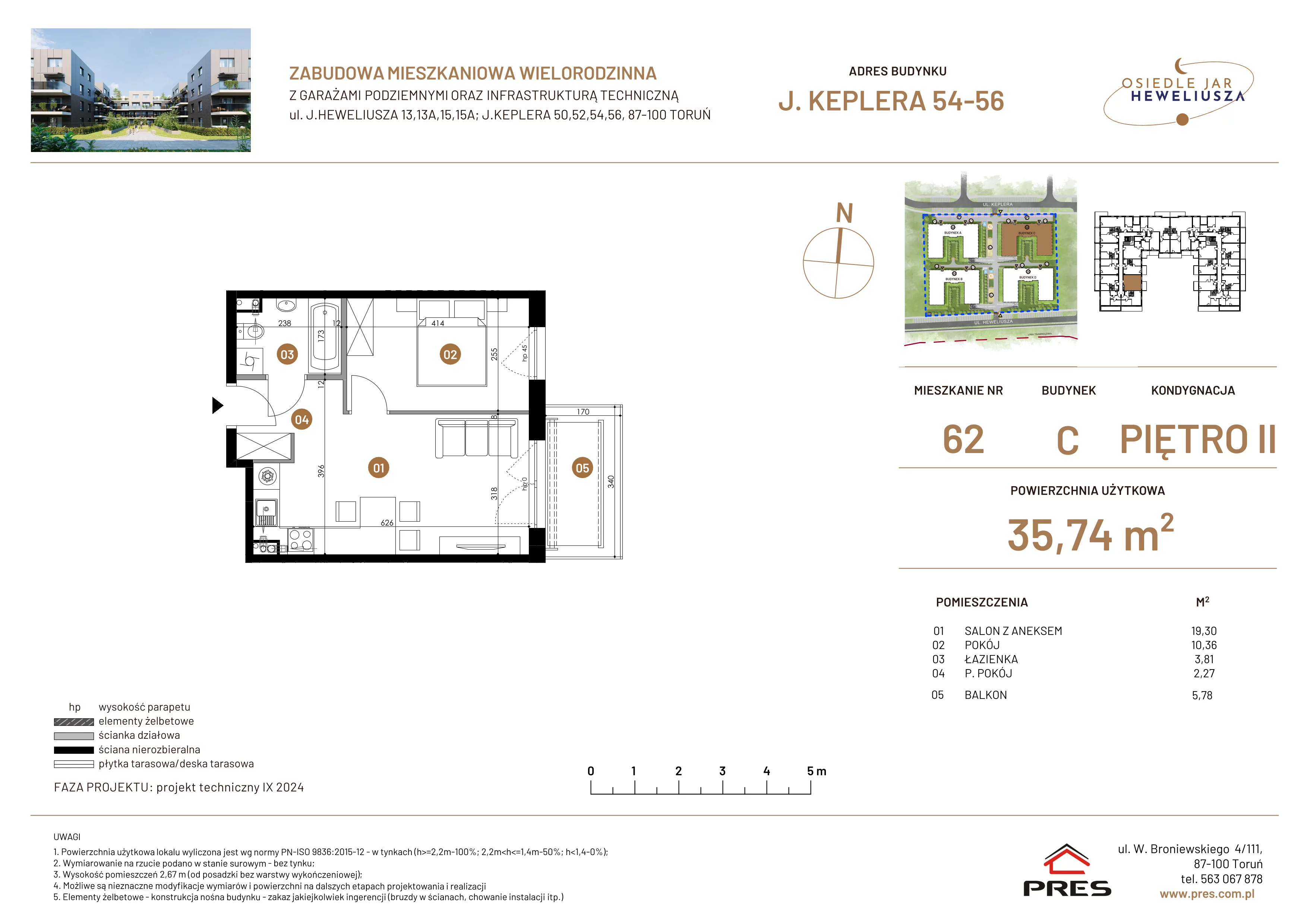 2 pokoje, mieszkanie 35,74 m², piętro 2, oferta nr 62, Osiedle JAR Heweliusza - Etap III, Toruń, Wrzosy, JAR, ul. Jana Keplera 54-56