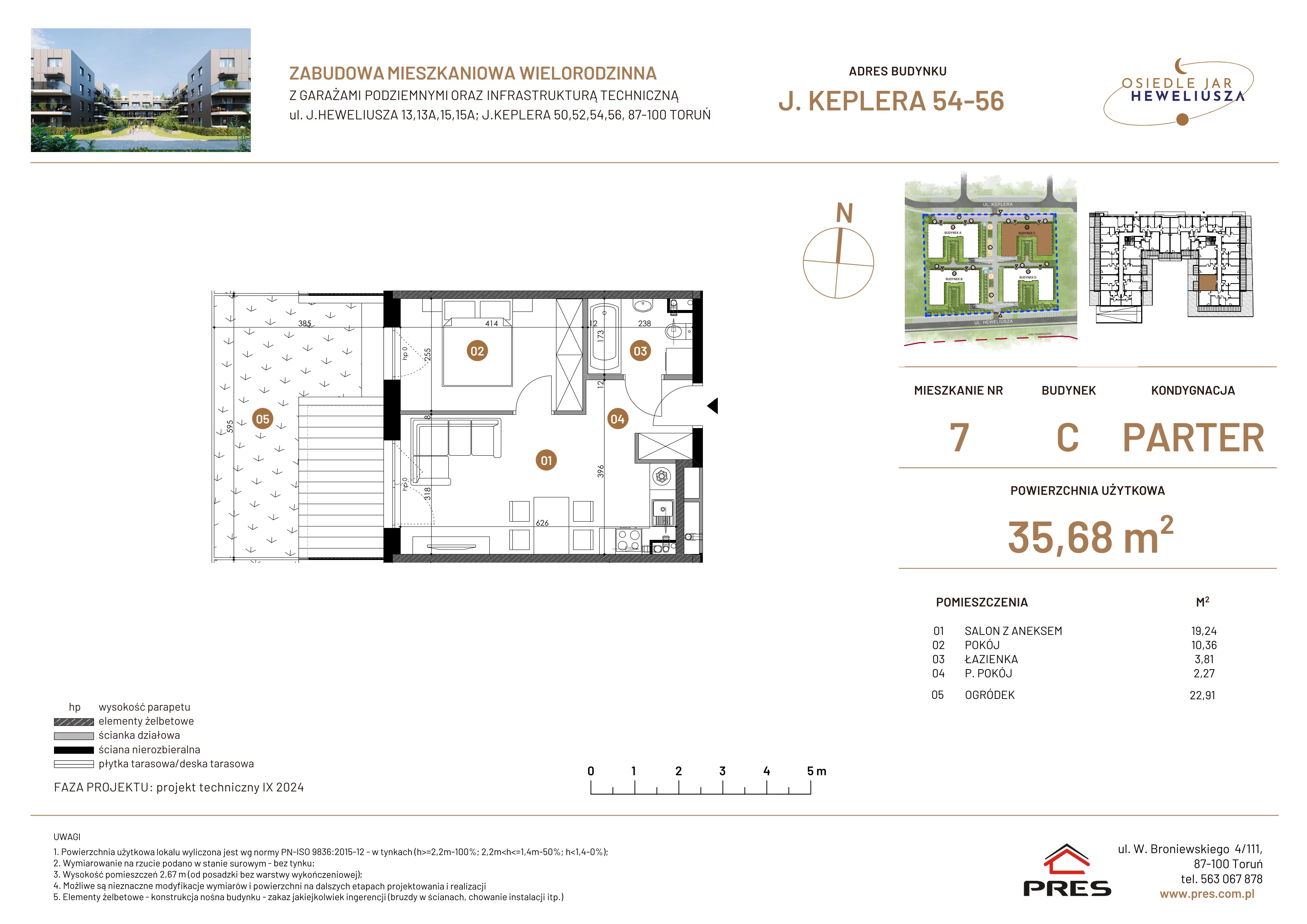 2 pokoje, mieszkanie 35,68 m², parter, oferta nr 7, Osiedle JAR Heweliusza - Etap III, Toruń, Wrzosy, JAR, ul. Jana Keplera 54-56