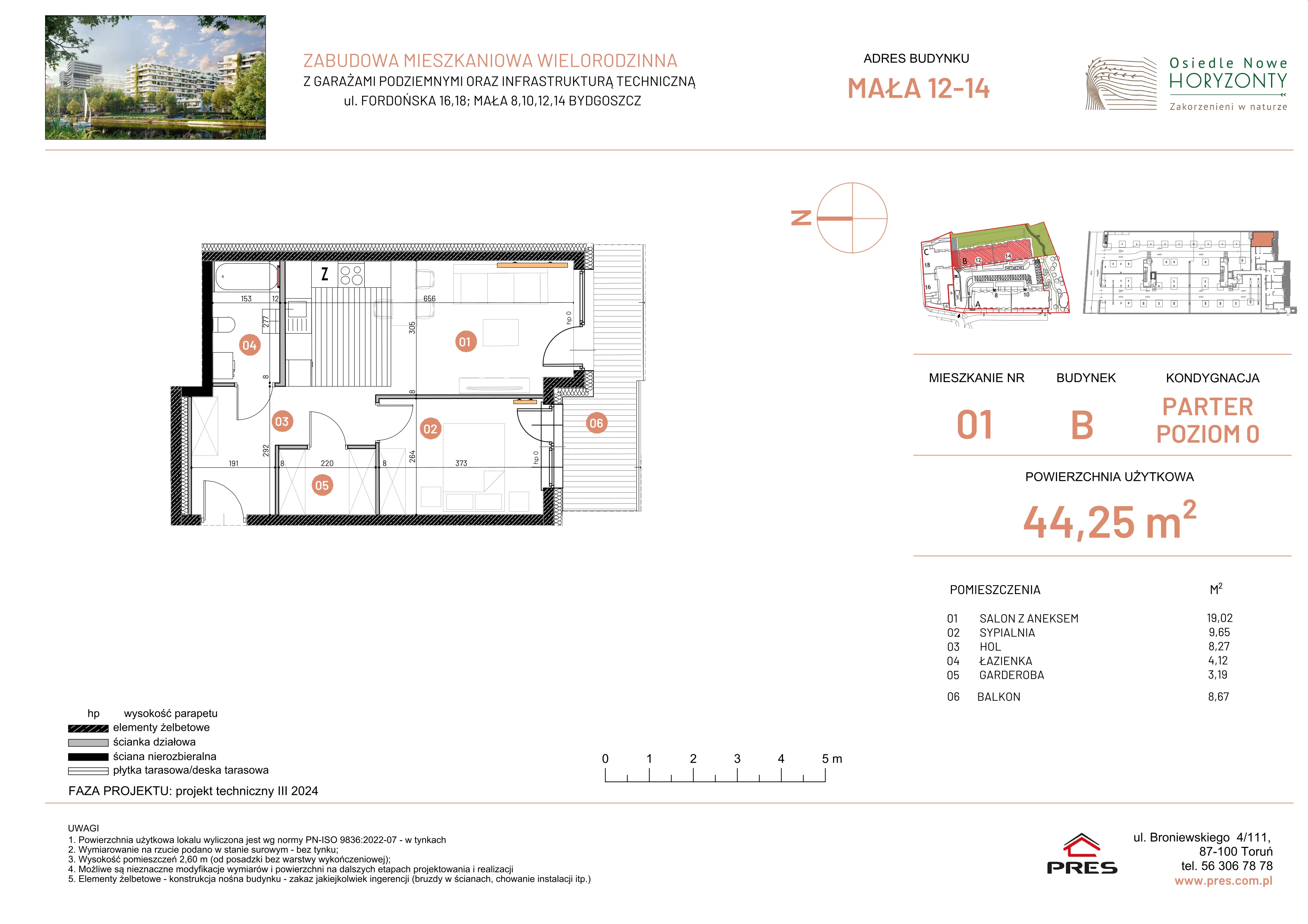 2 pokoje, mieszkanie 44,25 m², parter, oferta nr ONH-B-KLM14-LM1, Osiedle Nowe Horyzonty - etap III, Bydgoszcz, Bartodzieje, ul. Mała 12-14