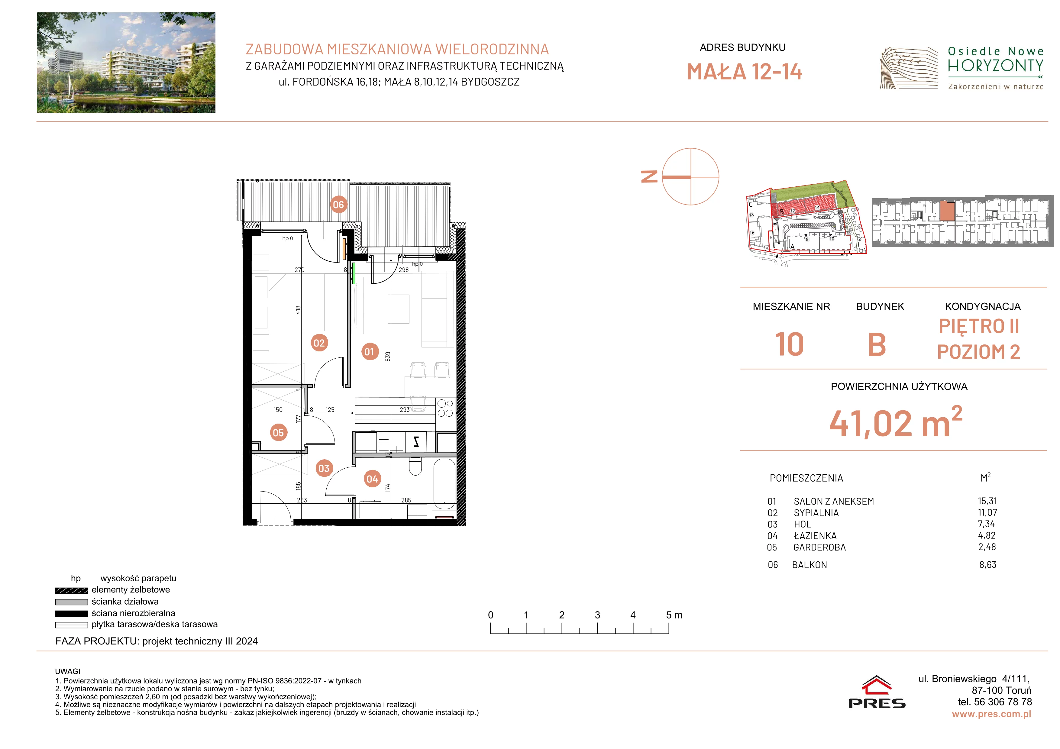 2 pokoje, mieszkanie 41,02 m², piętro 2, oferta nr ONH-B-KLM12-LM10, Osiedle Nowe Horyzonty - etap III, Bydgoszcz, Bartodzieje, ul. Mała 12-14