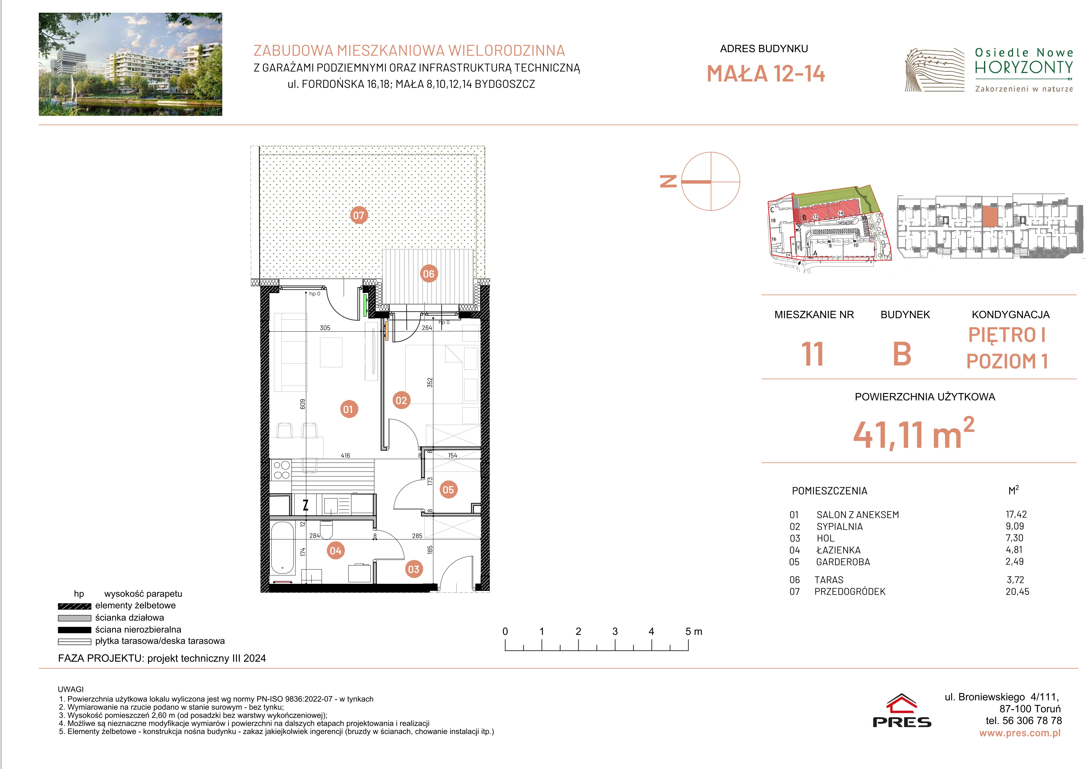 2 pokoje, mieszkanie 41,11 m², piętro 1, oferta nr ONH-B-KLM14-LM11, Osiedle Nowe Horyzonty - etap III, Bydgoszcz, Bartodzieje, ul. Mała 12-14