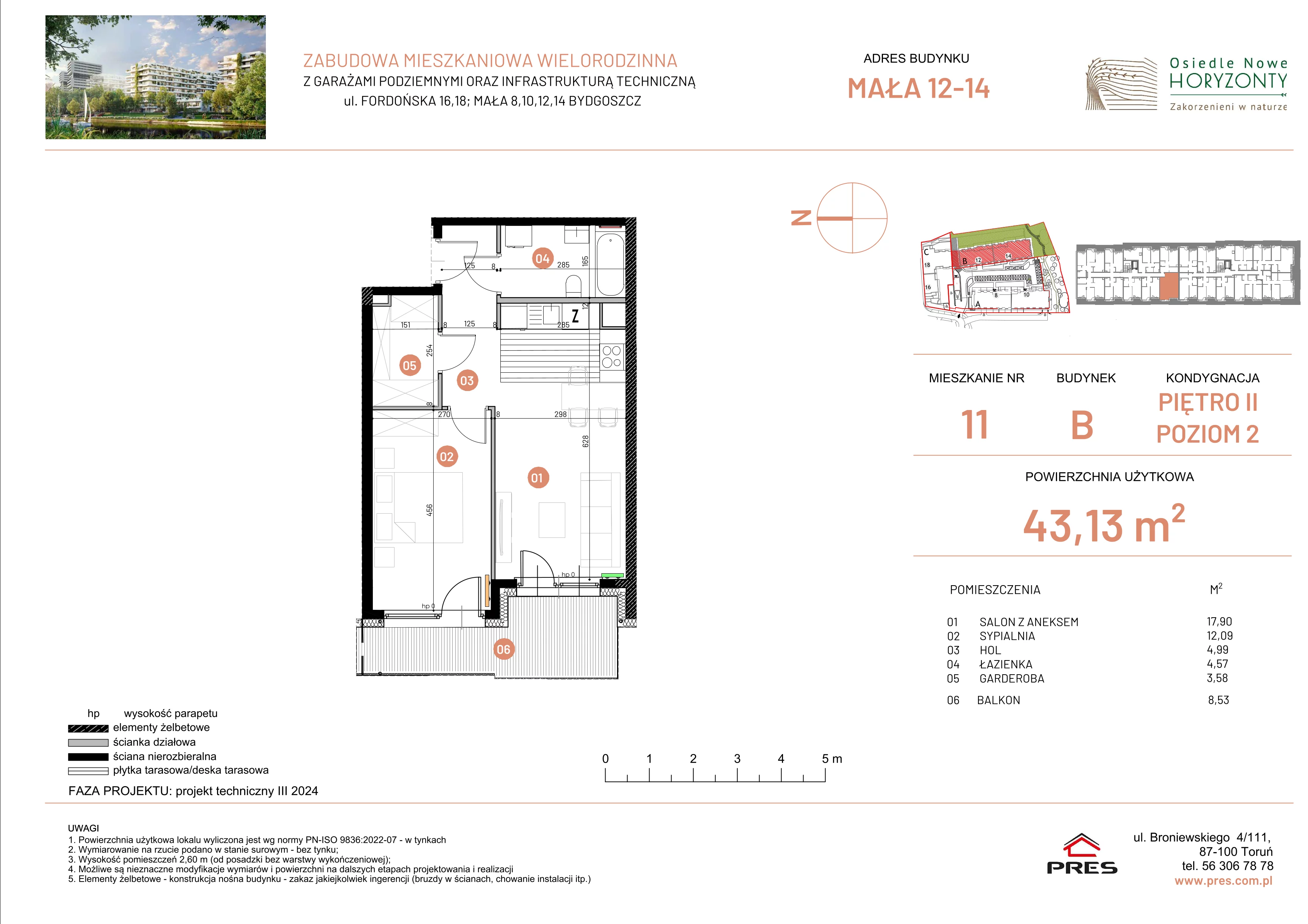 2 pokoje, mieszkanie 43,13 m², piętro 2, oferta nr ONH-B-KLM12-LM11, Osiedle Nowe Horyzonty - etap III, Bydgoszcz, Bartodzieje, ul. Mała 12-14