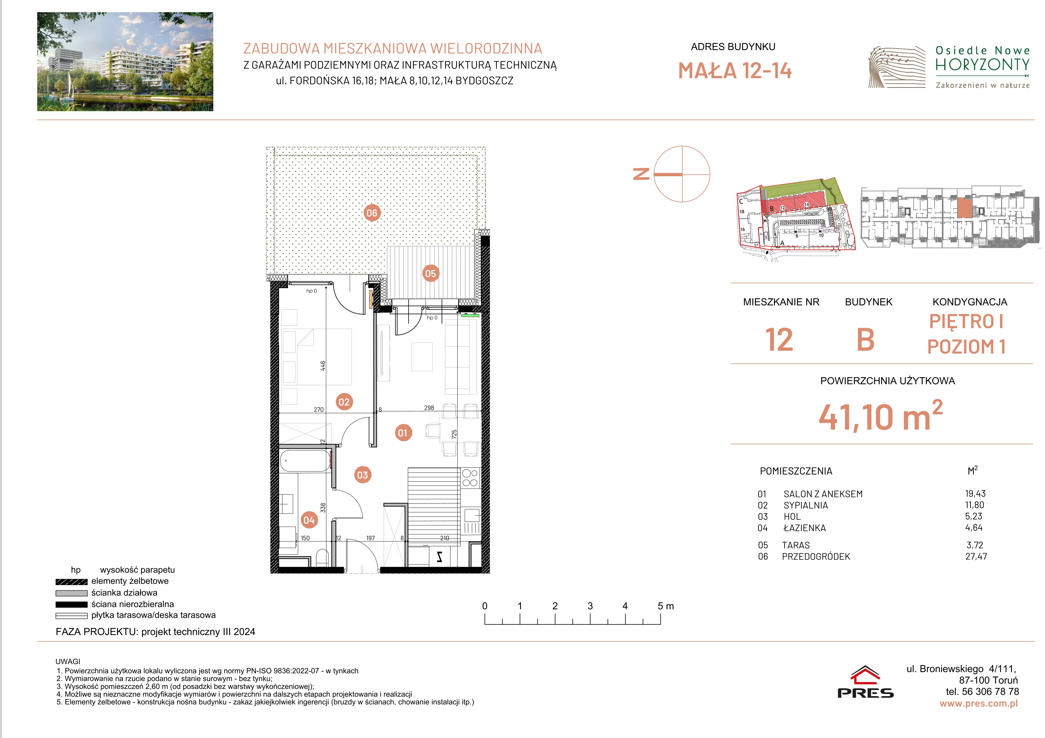 2 pokoje, mieszkanie 41,10 m², piętro 1, oferta nr ONH-B-KLM14-LM12, Osiedle Nowe Horyzonty - etap III, Bydgoszcz, Bartodzieje, ul. Mała 12-14