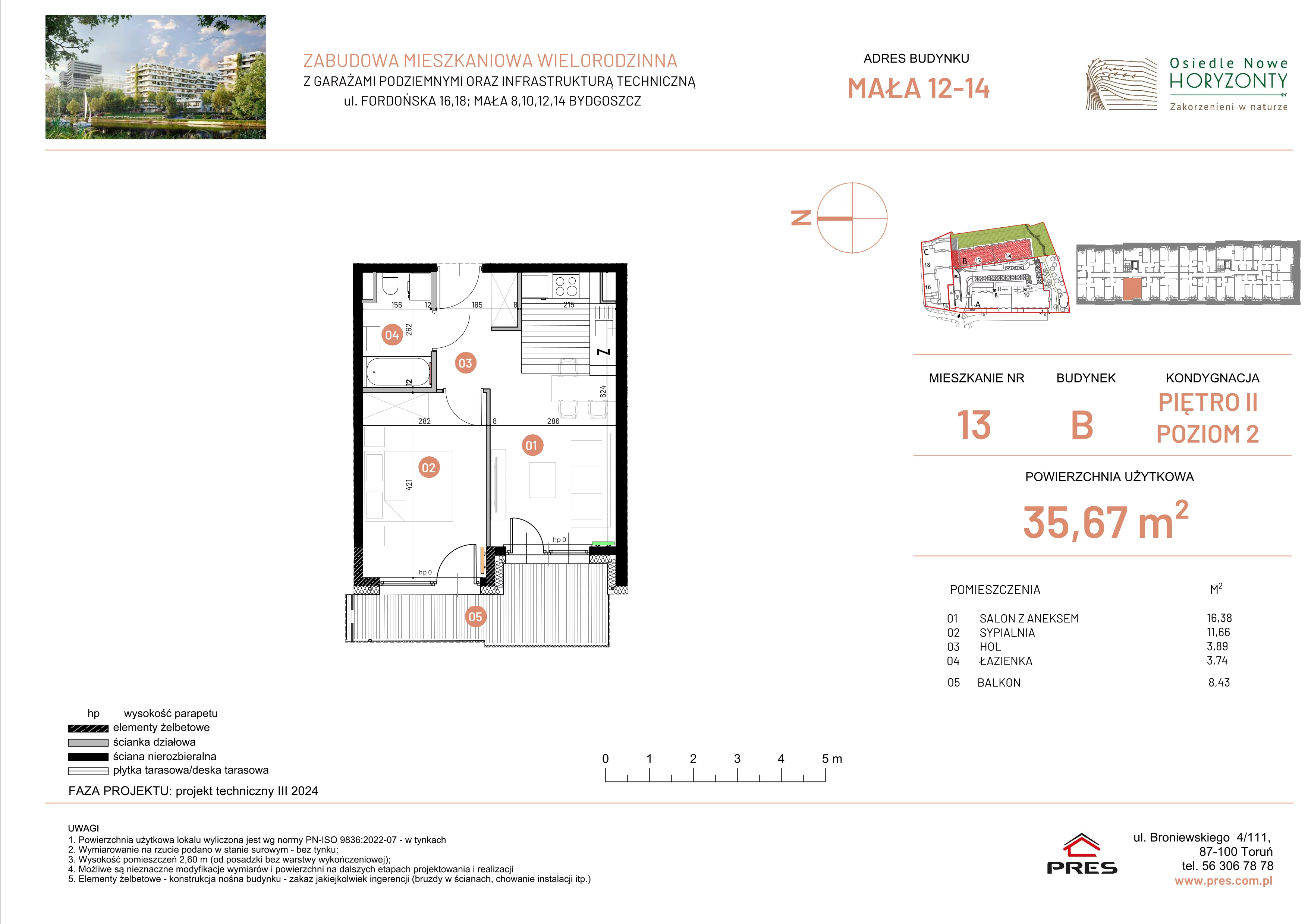 2 pokoje, mieszkanie 35,67 m², piętro 2, oferta nr ONH-B-KLM12-LM13, Osiedle Nowe Horyzonty - etap III, Bydgoszcz, Bartodzieje, ul. Mała 12-14