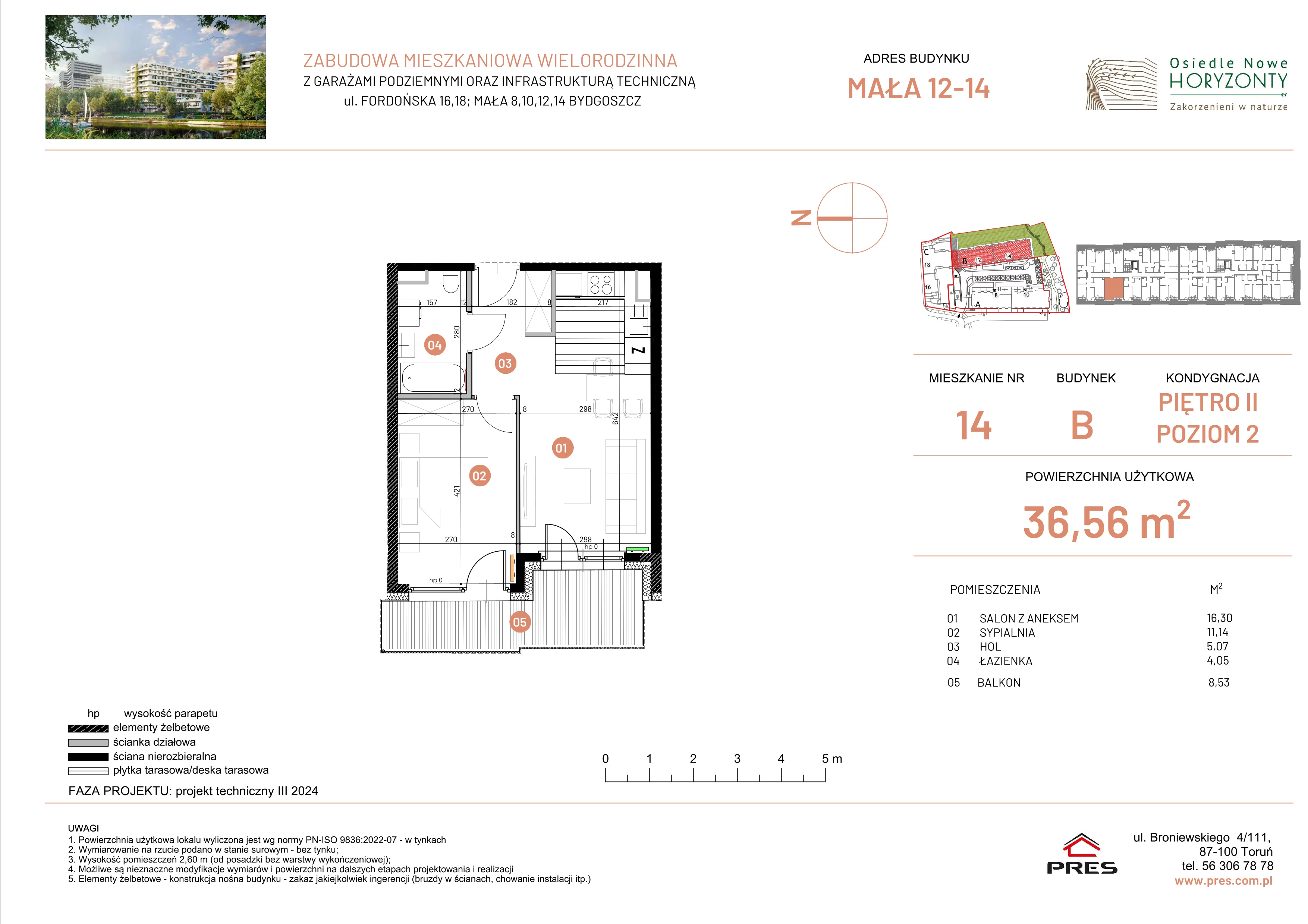 2 pokoje, mieszkanie 36,56 m², piętro 2, oferta nr ONH-B-KLM12-LM14, Osiedle Nowe Horyzonty - etap III, Bydgoszcz, Bartodzieje, ul. Mała 12-14