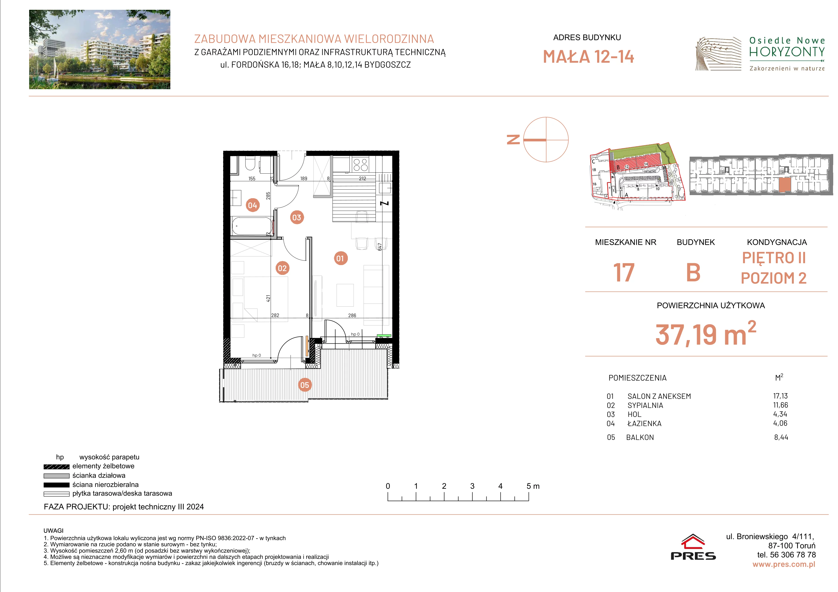 2 pokoje, mieszkanie 37,19 m², piętro 2, oferta nr ONH-B-KLM14-LM17, Osiedle Nowe Horyzonty - etap III, Bydgoszcz, Bartodzieje, ul. Mała 12-14