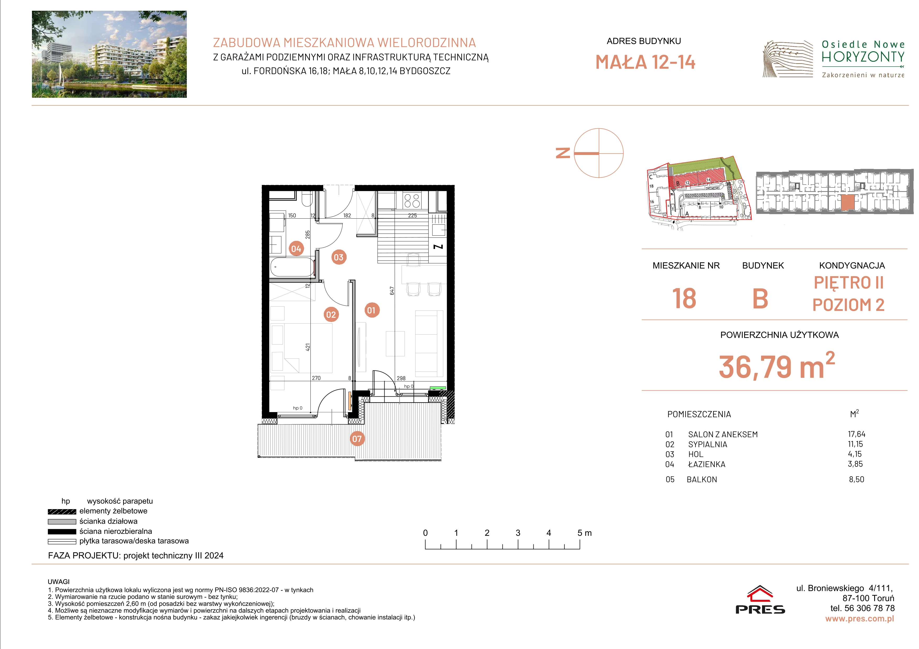 2 pokoje, mieszkanie 36,79 m², piętro 2, oferta nr ONH-B-KLM14-LM18, Osiedle Nowe Horyzonty - etap III, Bydgoszcz, Bartodzieje, ul. Mała 12-14