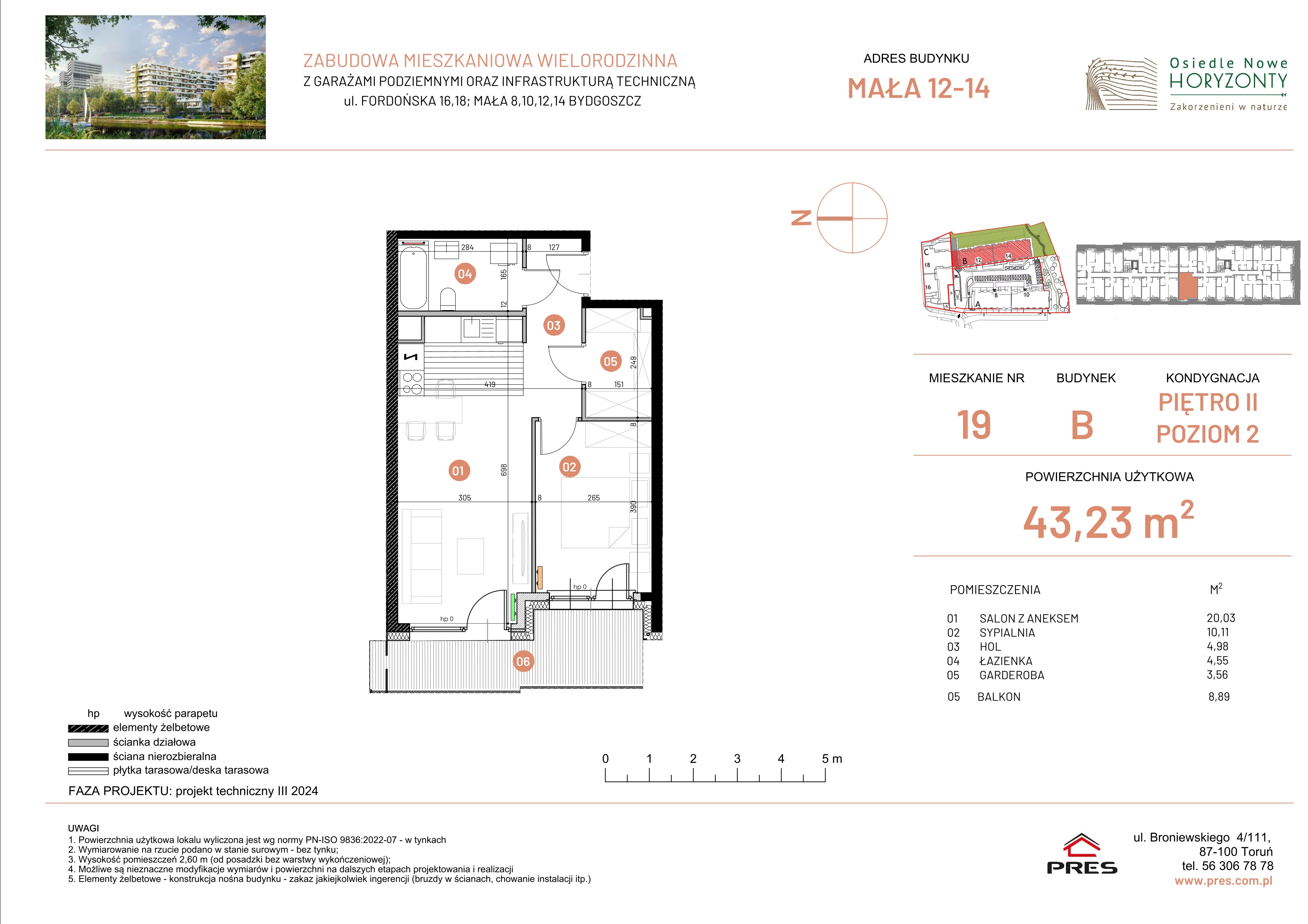 2 pokoje, mieszkanie 43,23 m², piętro 2, oferta nr ONH-B-KLM14-LM19, Osiedle Nowe Horyzonty - etap III, Bydgoszcz, Bartodzieje, ul. Mała 12-14