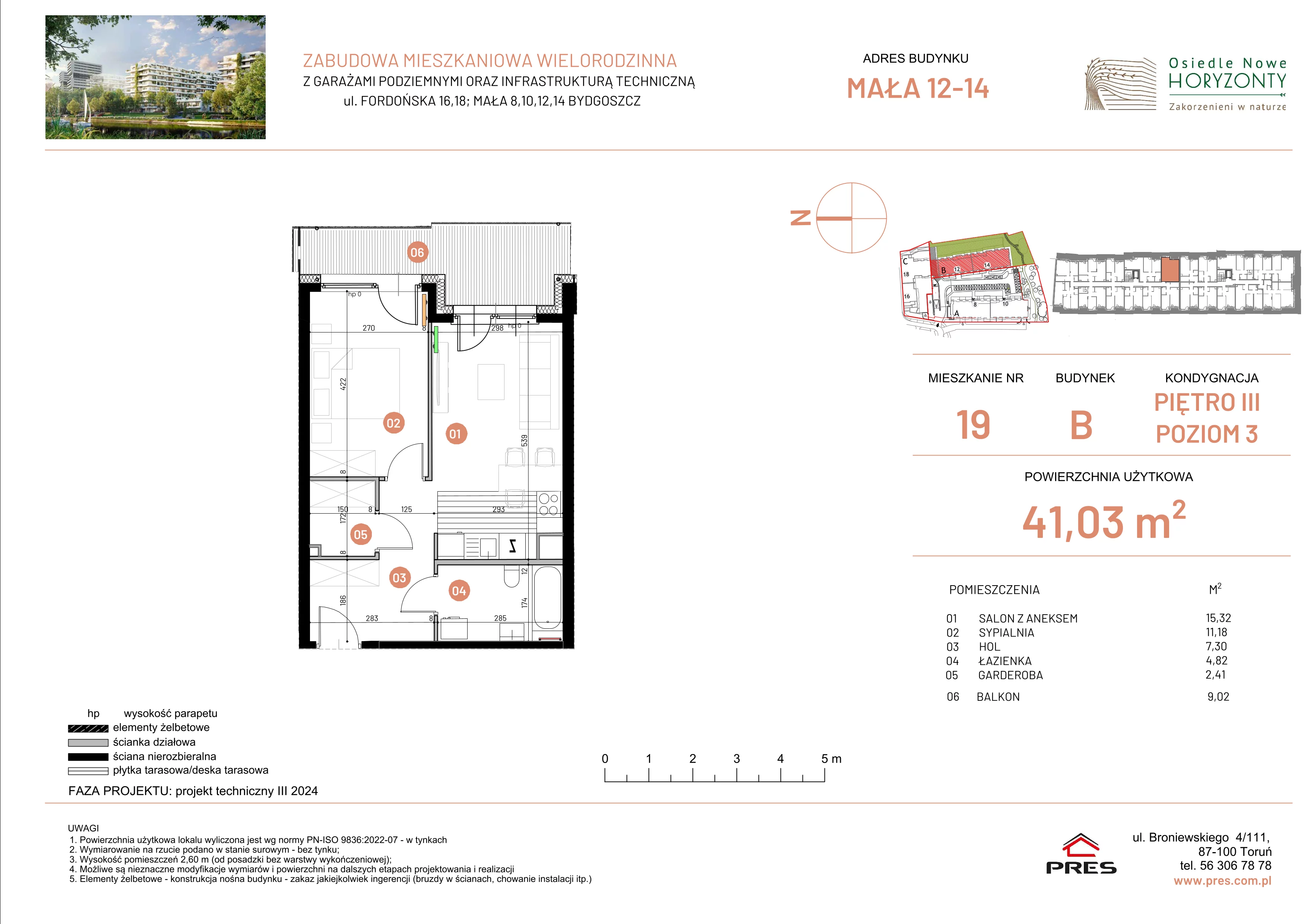 2 pokoje, mieszkanie 41,03 m², piętro 3, oferta nr ONH-B-KLM12-LM19, Osiedle Nowe Horyzonty - etap III, Bydgoszcz, Bartodzieje, ul. Mała 12-14