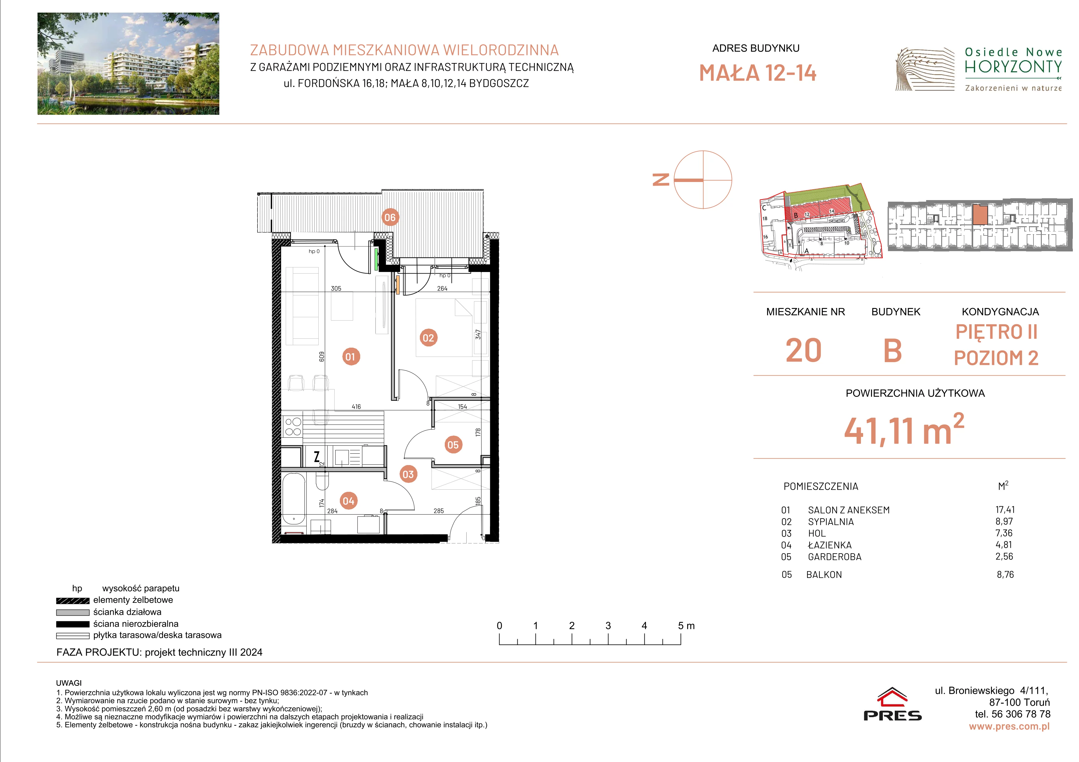 2 pokoje, mieszkanie 41,11 m², piętro 2, oferta nr ONH-B-KLM14-LM20, Osiedle Nowe Horyzonty - etap III, Bydgoszcz, Bartodzieje, ul. Mała 12-14