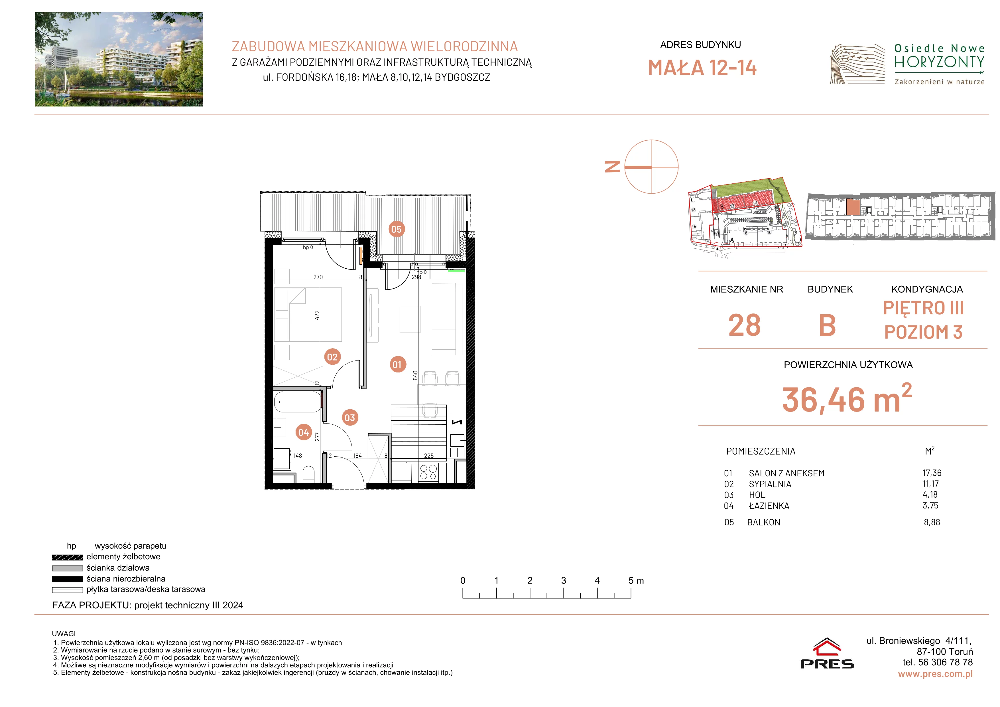 2 pokoje, mieszkanie 36,46 m², piętro 3, oferta nr ONH-B-KLM12-LM28, Osiedle Nowe Horyzonty - etap III, Bydgoszcz, Bartodzieje, ul. Mała 12-14