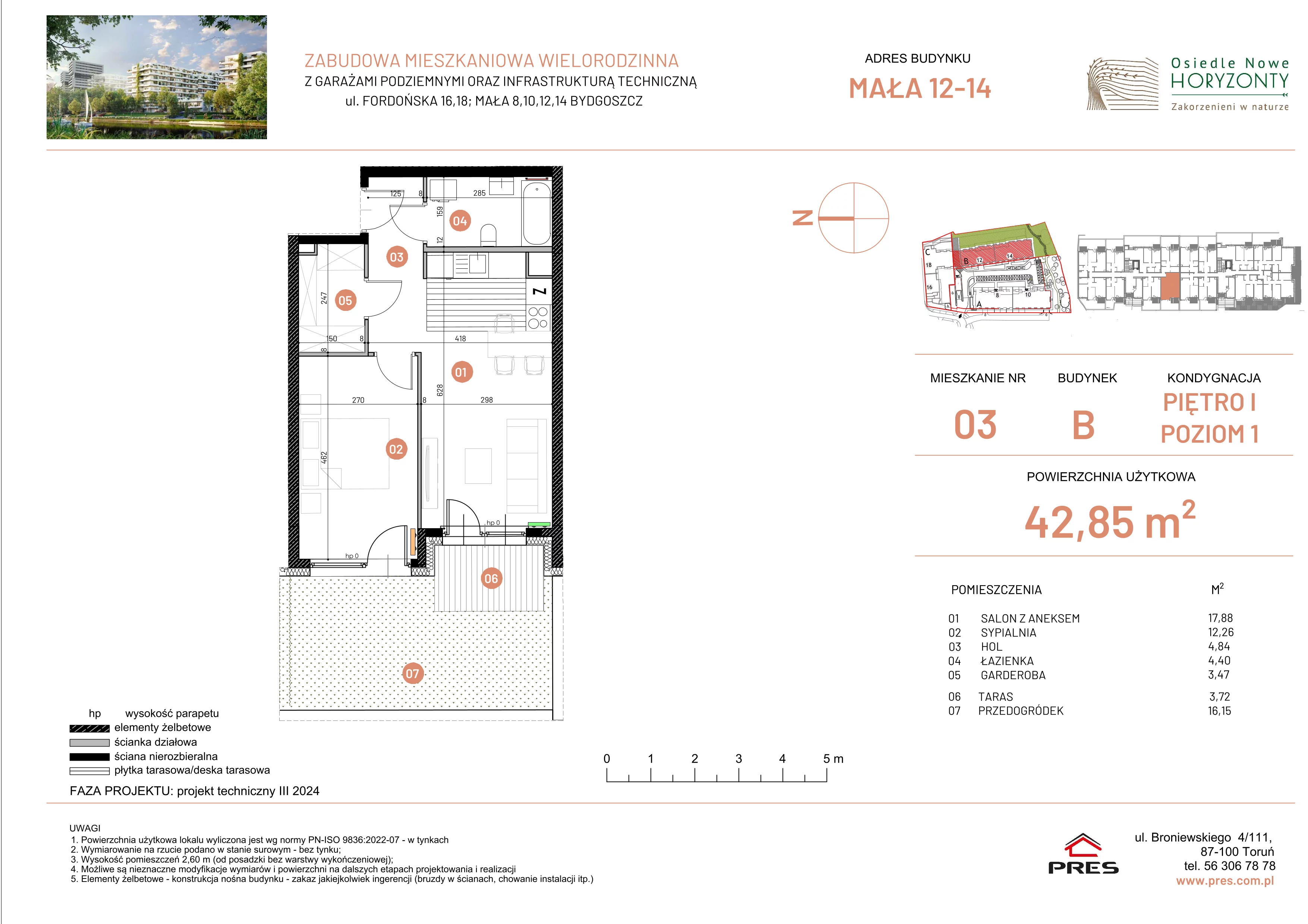 2 pokoje, mieszkanie 42,85 m², piętro 1, oferta nr ONH-B-KLM12-LM3, Osiedle Nowe Horyzonty - etap III, Bydgoszcz, Bartodzieje, ul. Mała 12-14