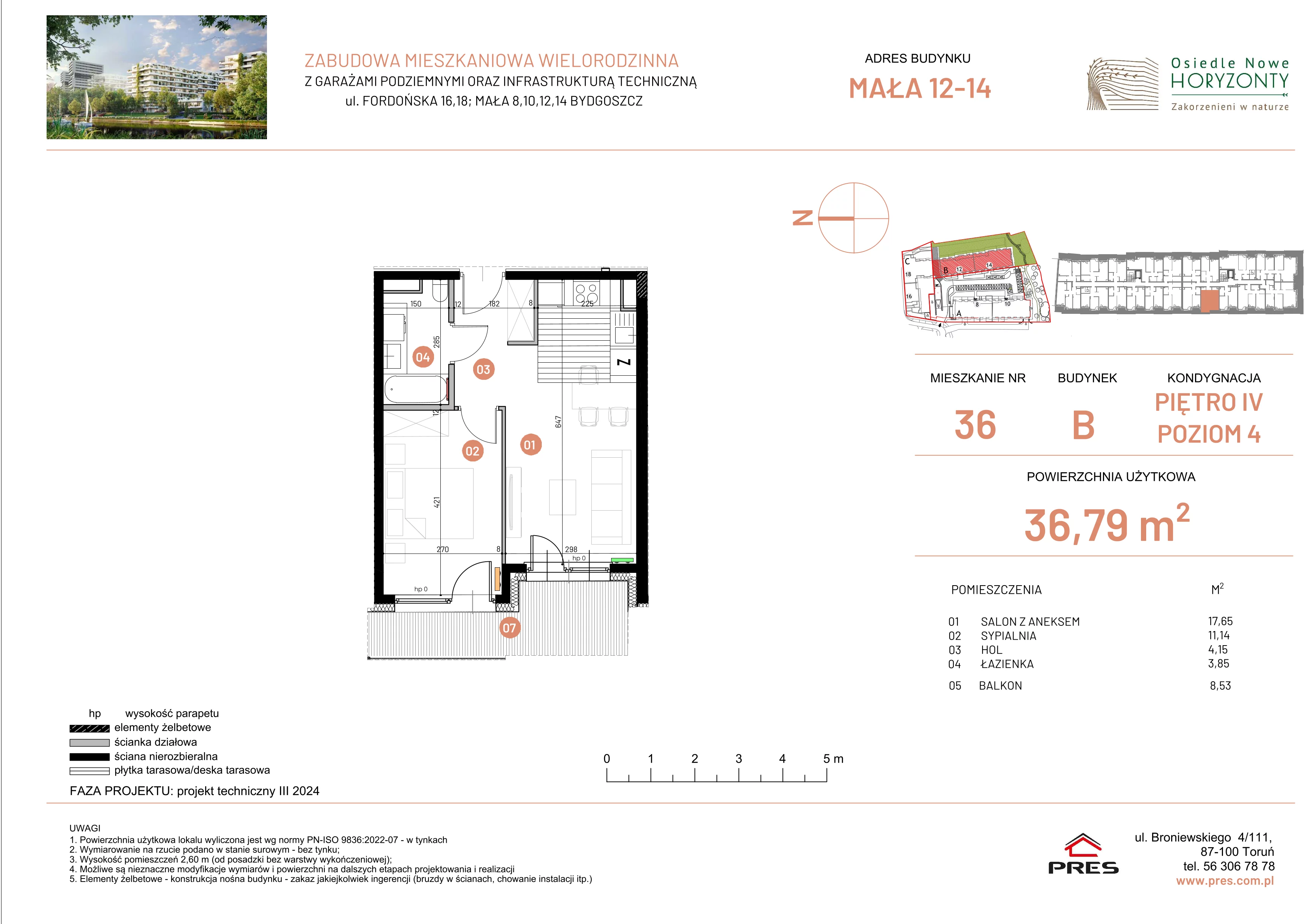 2 pokoje, mieszkanie 36,79 m², piętro 4, oferta nr ONH-B-KLM14-LM36, Osiedle Nowe Horyzonty - etap III, Bydgoszcz, Bartodzieje, ul. Mała 12-14