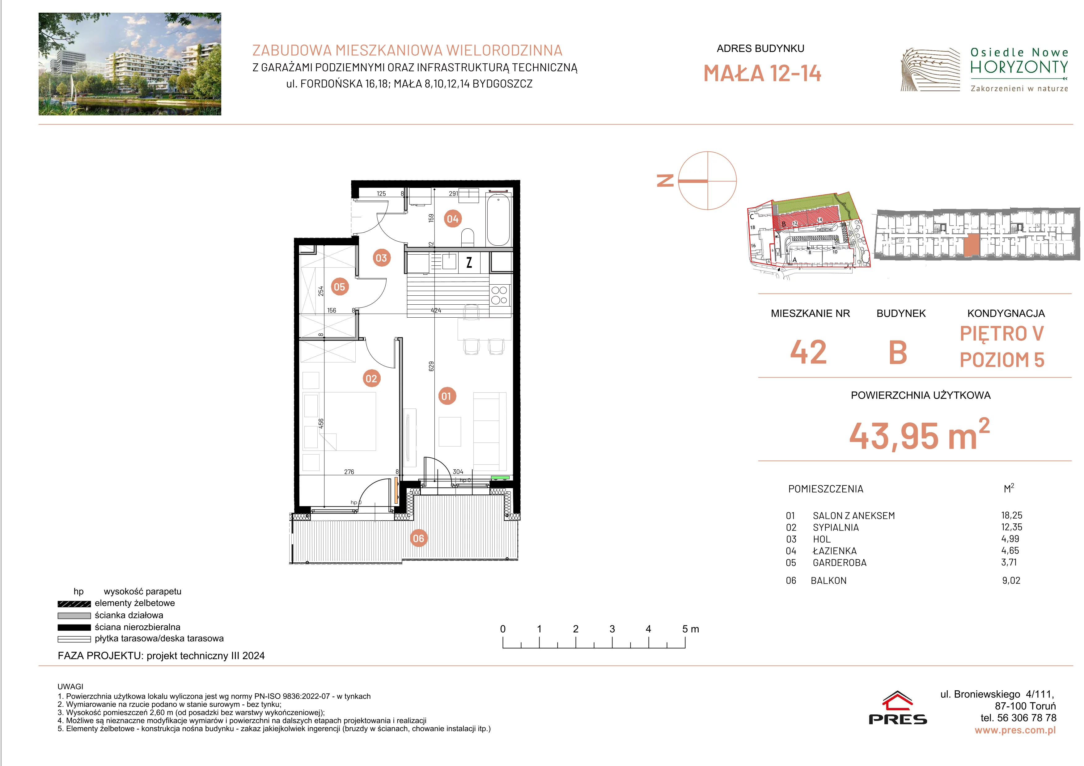 2 pokoje, mieszkanie 43,95 m², piętro 5, oferta nr ONH-B-KLM12-LM42, Osiedle Nowe Horyzonty - etap III, Bydgoszcz, Bartodzieje, ul. Mała 12-14