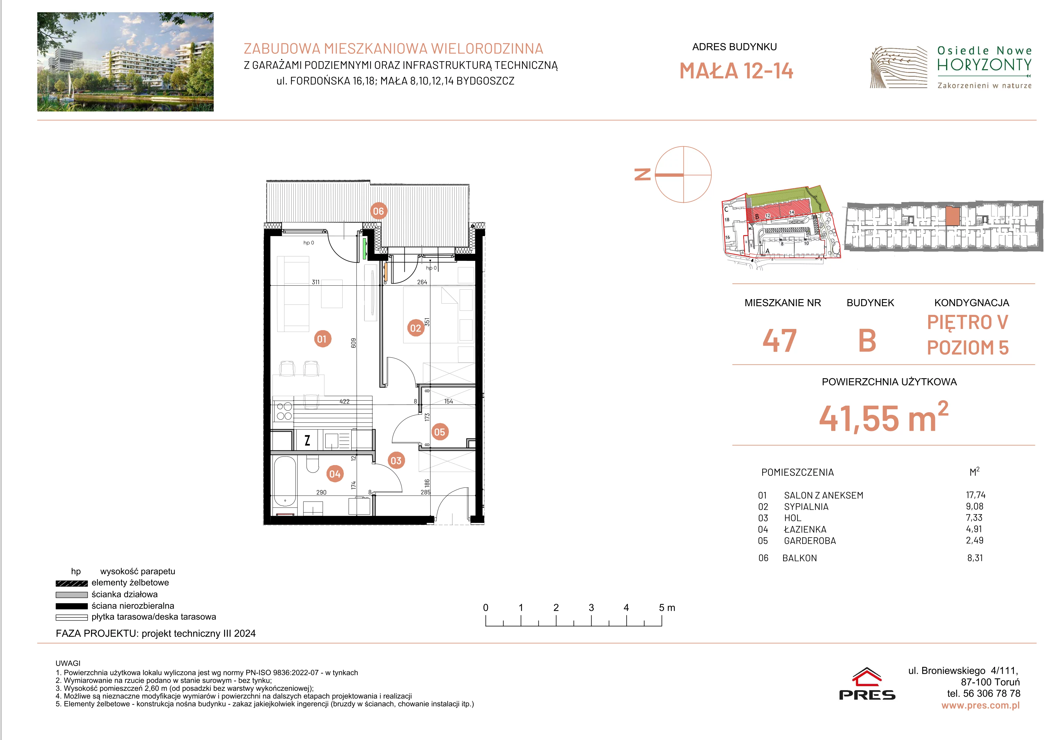 2 pokoje, mieszkanie 41,55 m², piętro 5, oferta nr ONH-B-KLM14-LM47, Osiedle Nowe Horyzonty - etap III, Bydgoszcz, Bartodzieje, ul. Mała 12-14