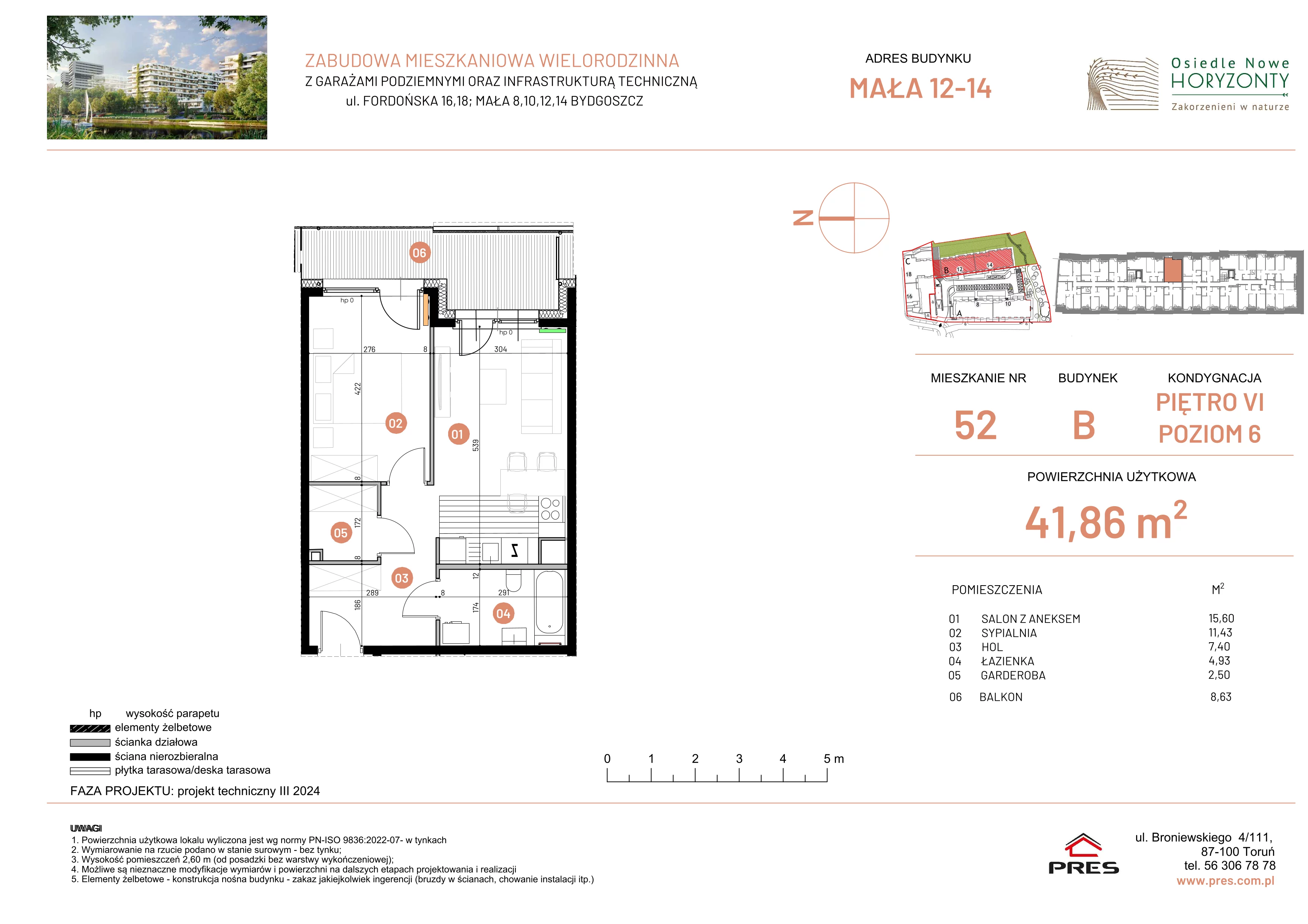 2 pokoje, mieszkanie 41,86 m², piętro 6, oferta nr ONH-B-KLM12-LM52, Osiedle Nowe Horyzonty - etap III, Bydgoszcz, Bartodzieje, ul. Mała 12-14