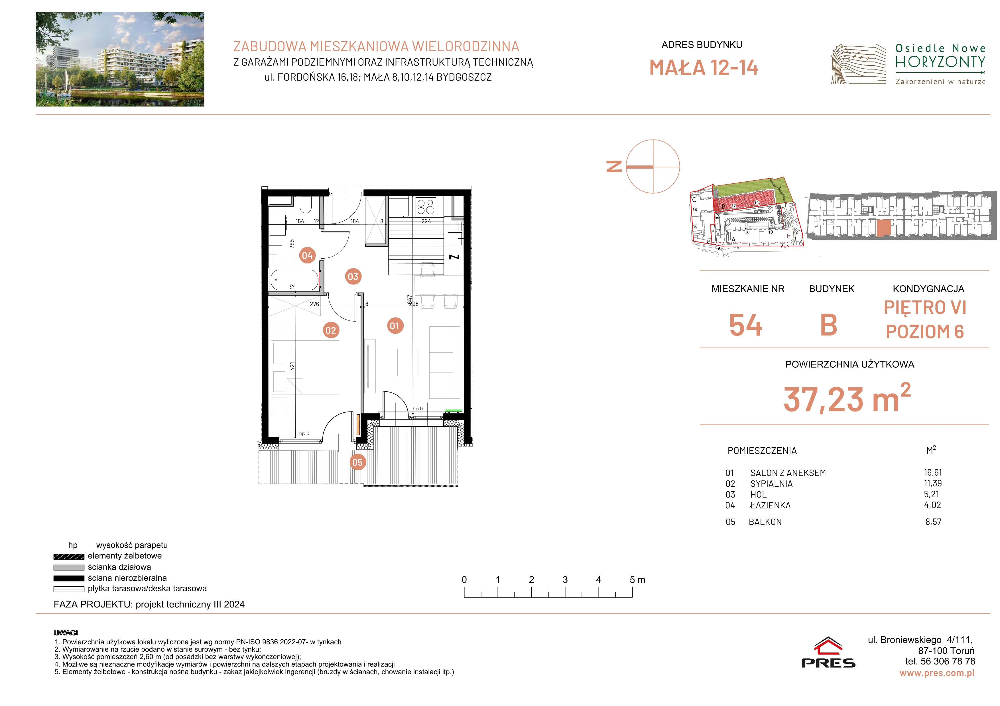 2 pokoje, mieszkanie 37,23 m², piętro 6, oferta nr ONH-B-KLM12-LM54, Osiedle Nowe Horyzonty - etap III, Bydgoszcz, Bartodzieje, ul. Mała 12-14