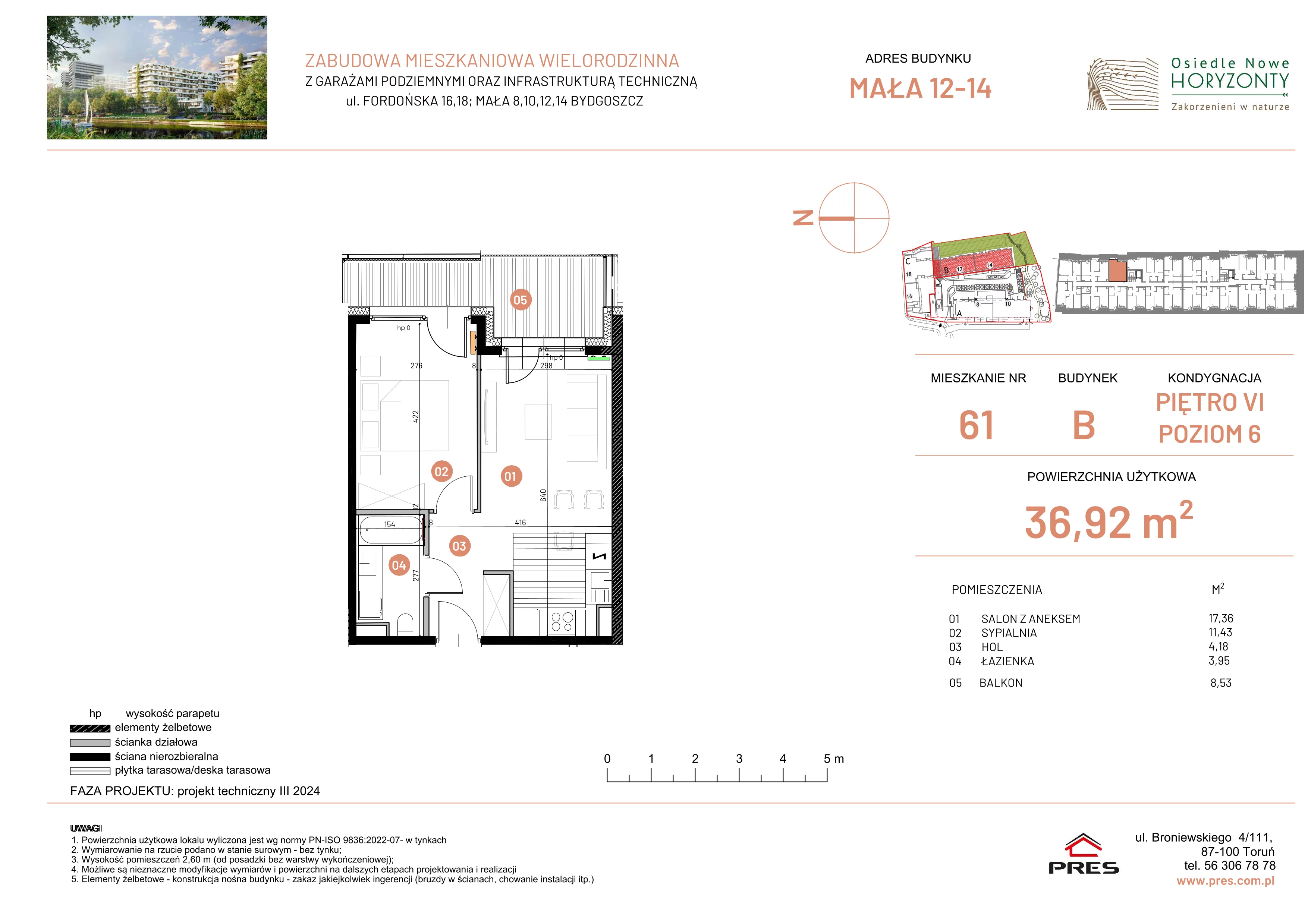 2 pokoje, mieszkanie 36,92 m², piętro 6, oferta nr ONH-B-KLM12-LM61, Osiedle Nowe Horyzonty - etap III, Bydgoszcz, Bartodzieje, ul. Mała 12-14