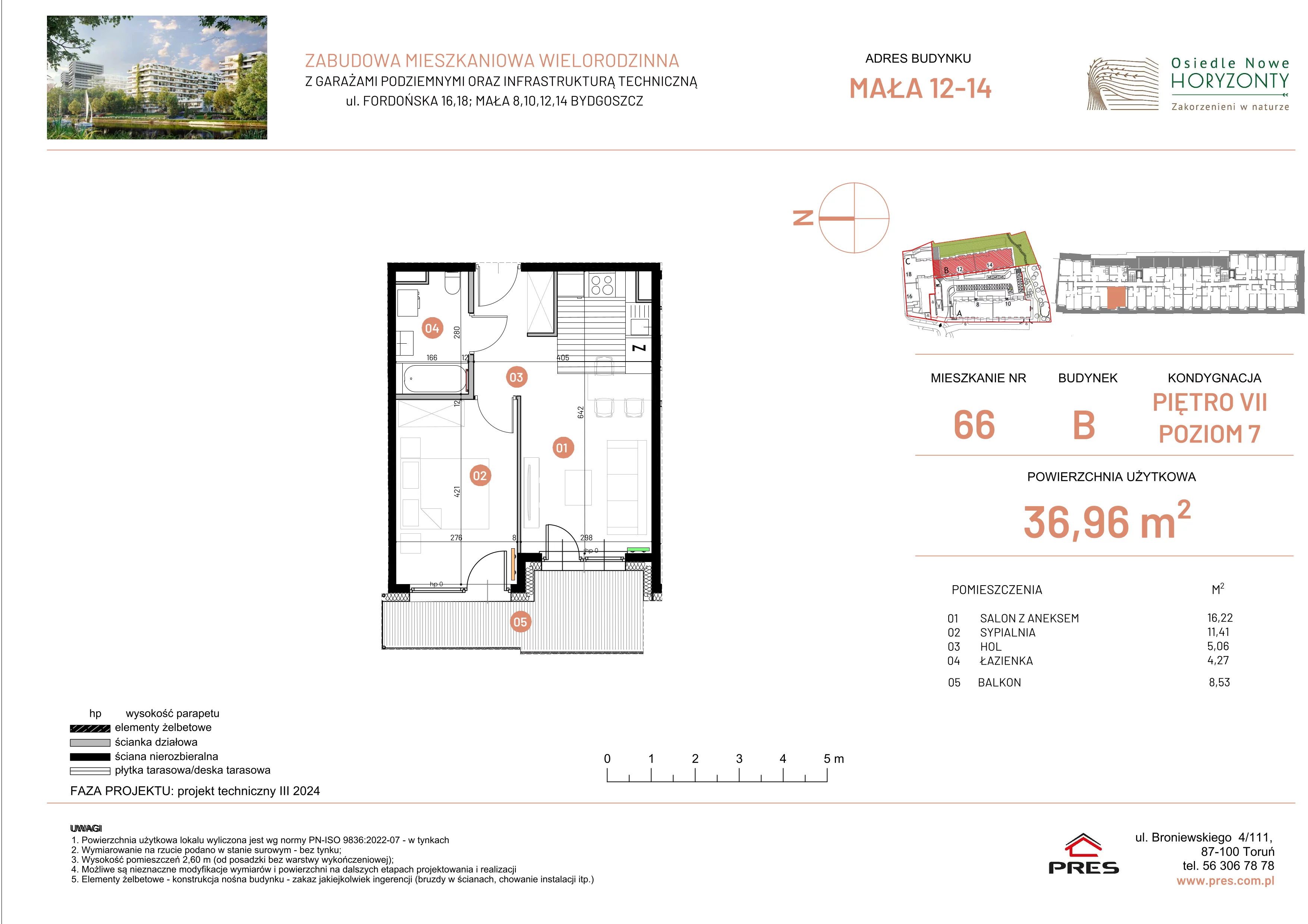 2 pokoje, mieszkanie 36,96 m², piętro 7, oferta nr ONH-B-KLM12-LM66, Osiedle Nowe Horyzonty - etap III, Bydgoszcz, Bartodzieje, ul. Mała 12-14