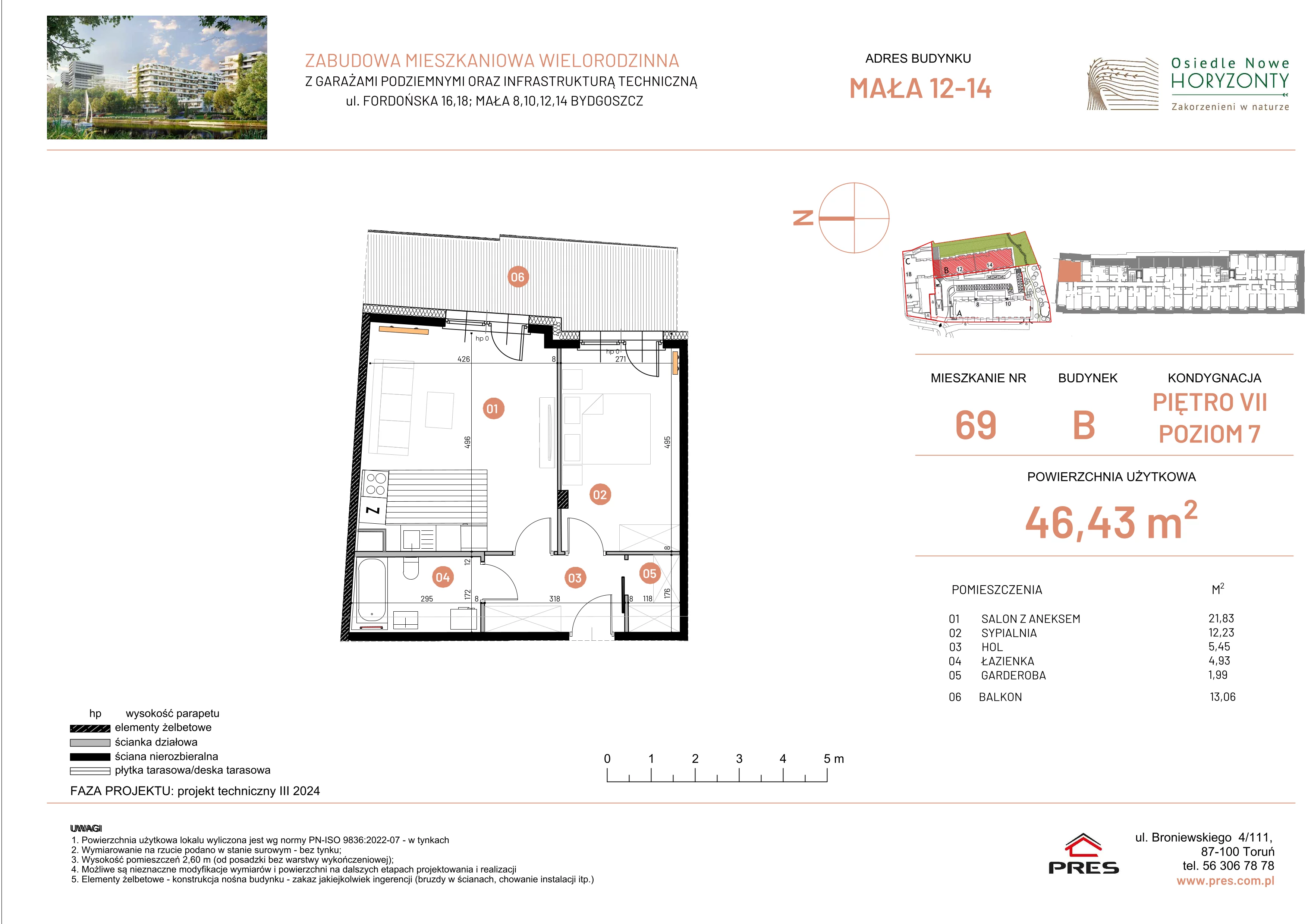 2 pokoje, mieszkanie 46,43 m², piętro 7, oferta nr ONH-B-KLM12-LM69, Osiedle Nowe Horyzonty - etap III, Bydgoszcz, Bartodzieje, ul. Mała 12-14