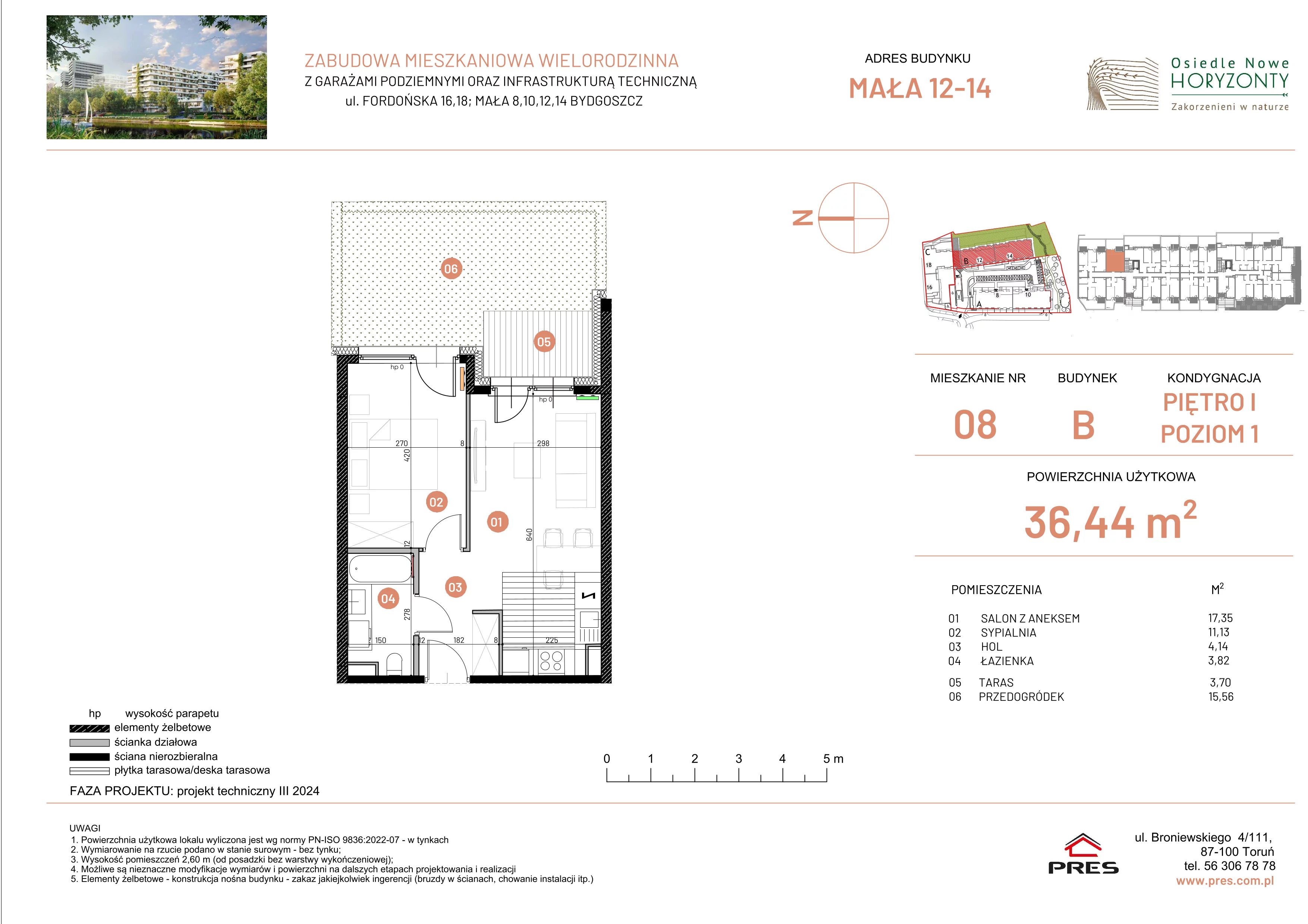 2 pokoje, mieszkanie 36,44 m², piętro 1, oferta nr ONH-B-KLM12-LM8, Osiedle Nowe Horyzonty - etap III, Bydgoszcz, Bartodzieje, ul. Mała 12-14