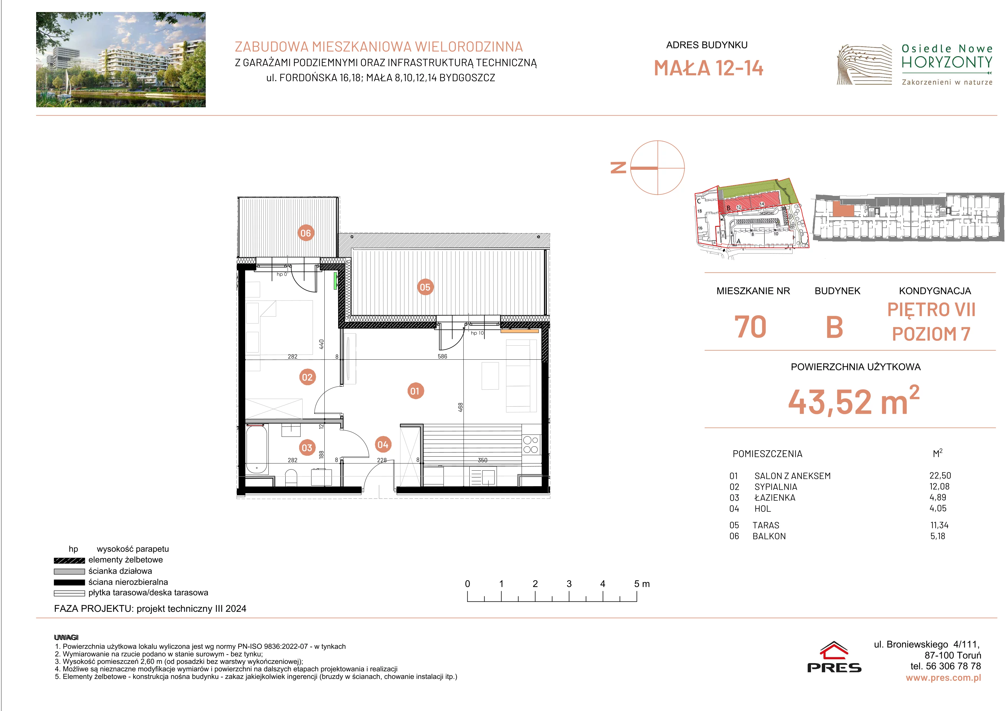 2 pokoje, mieszkanie 43,52 m², piętro 7, oferta nr ONH-B-KLM12-LM70, Osiedle Nowe Horyzonty - etap III, Bydgoszcz, Bartodzieje, ul. Mała 12-14