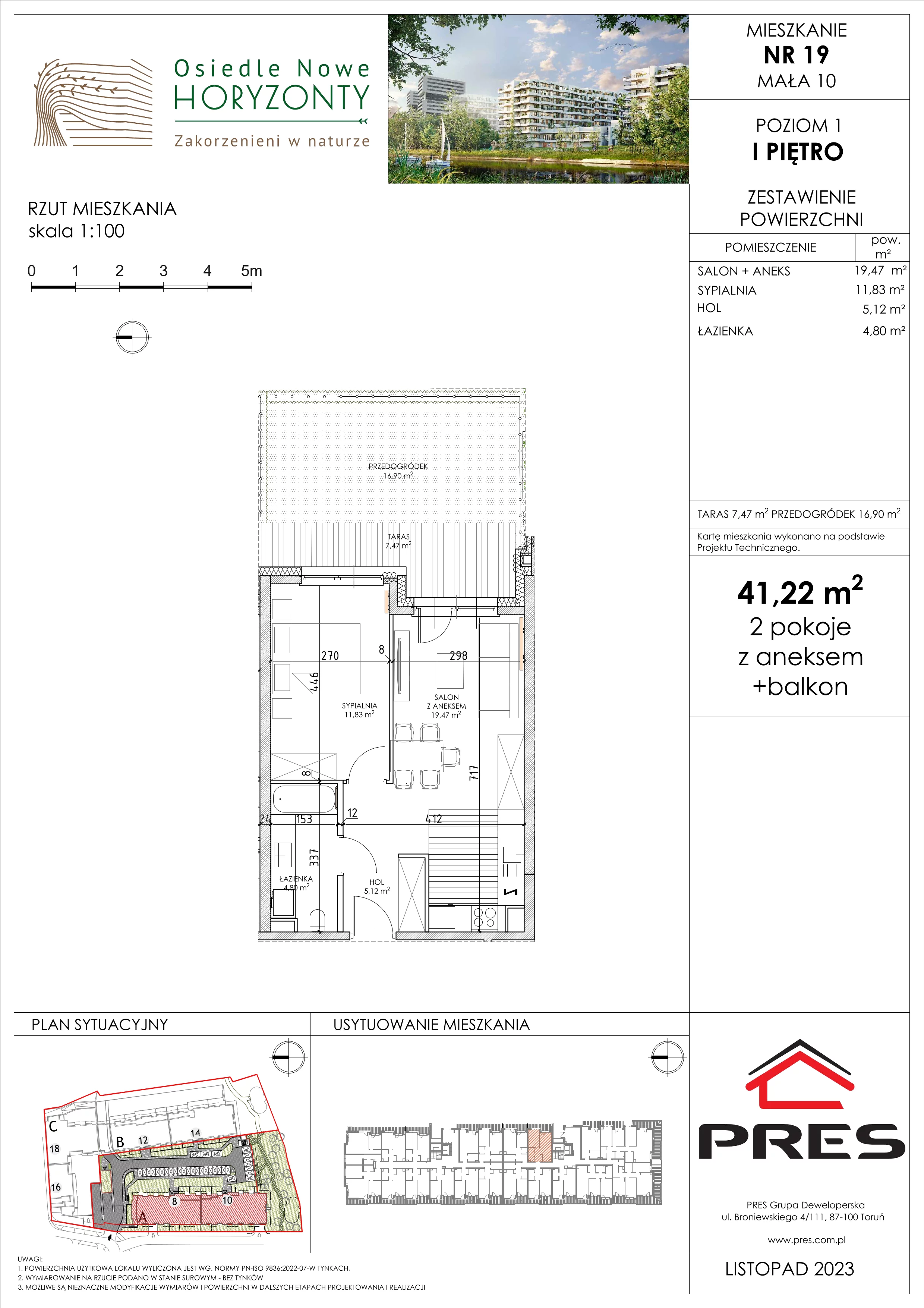 Mieszkanie 41,22 m², piętro 1, oferta nr F-BYD-E1-LM-1_M19, Osiedle Nowe Horyzonty, Bydgoszcz, Bartodzieje, ul. Mała 8,10 / Fordońska 16,18