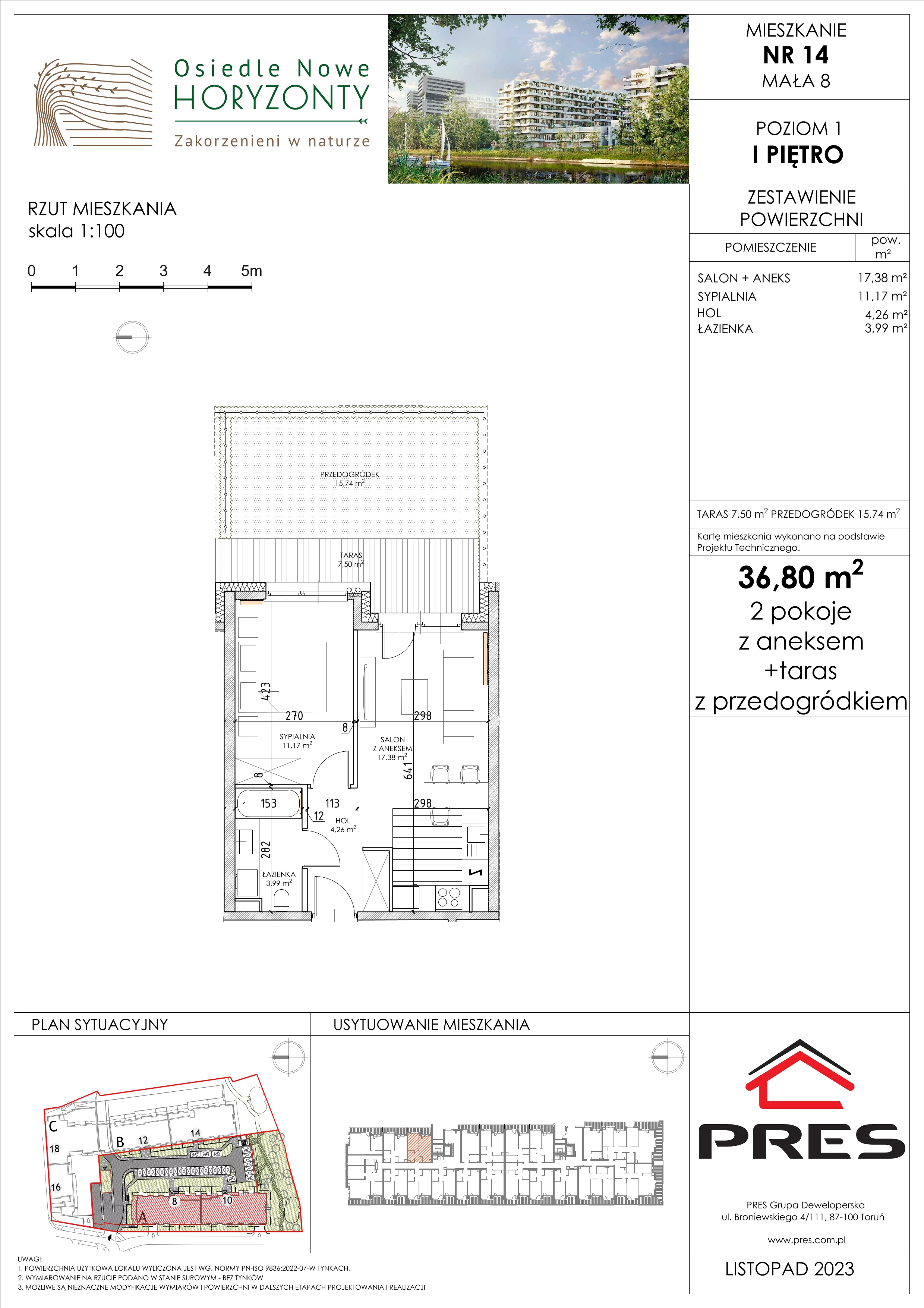 Mieszkanie 36,80 m², piętro 1, oferta nr F-BYD-E1-LM-2_M14, Osiedle Nowe Horyzonty, Bydgoszcz, Bartodzieje, ul. Mała 8,10 / Fordońska 16,18