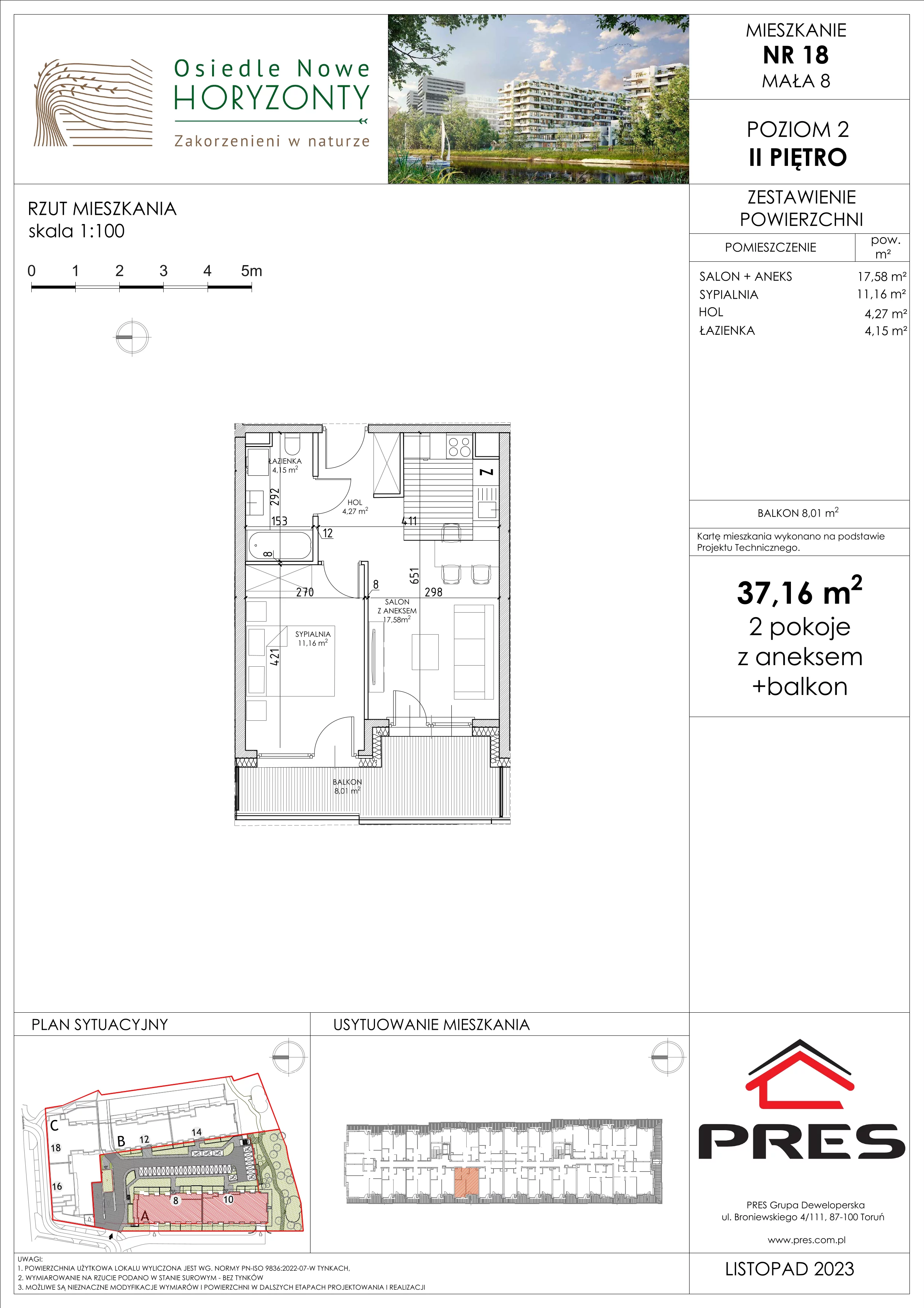 Mieszkanie 37,16 m², piętro 2, oferta nr F-BYD-E1-LM-2_M18, Osiedle Nowe Horyzonty, Bydgoszcz, Bartodzieje, ul. Mała 8,10 / Fordońska 16,18