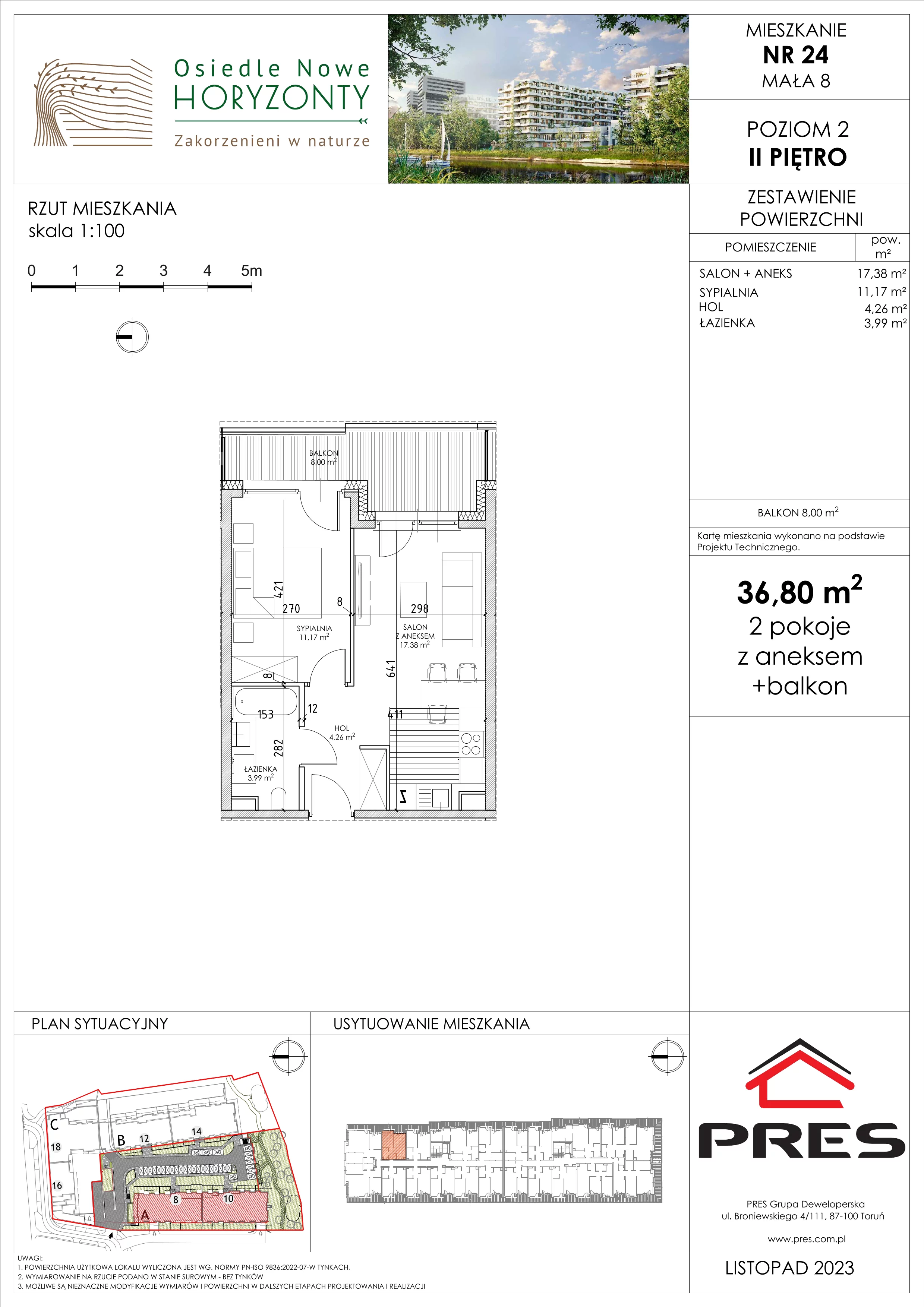 Mieszkanie 36,80 m², piętro 2, oferta nr F-BYD-E1-LM-2_M24, Osiedle Nowe Horyzonty, Bydgoszcz, Bartodzieje, ul. Mała 8,10 / Fordońska 16,18