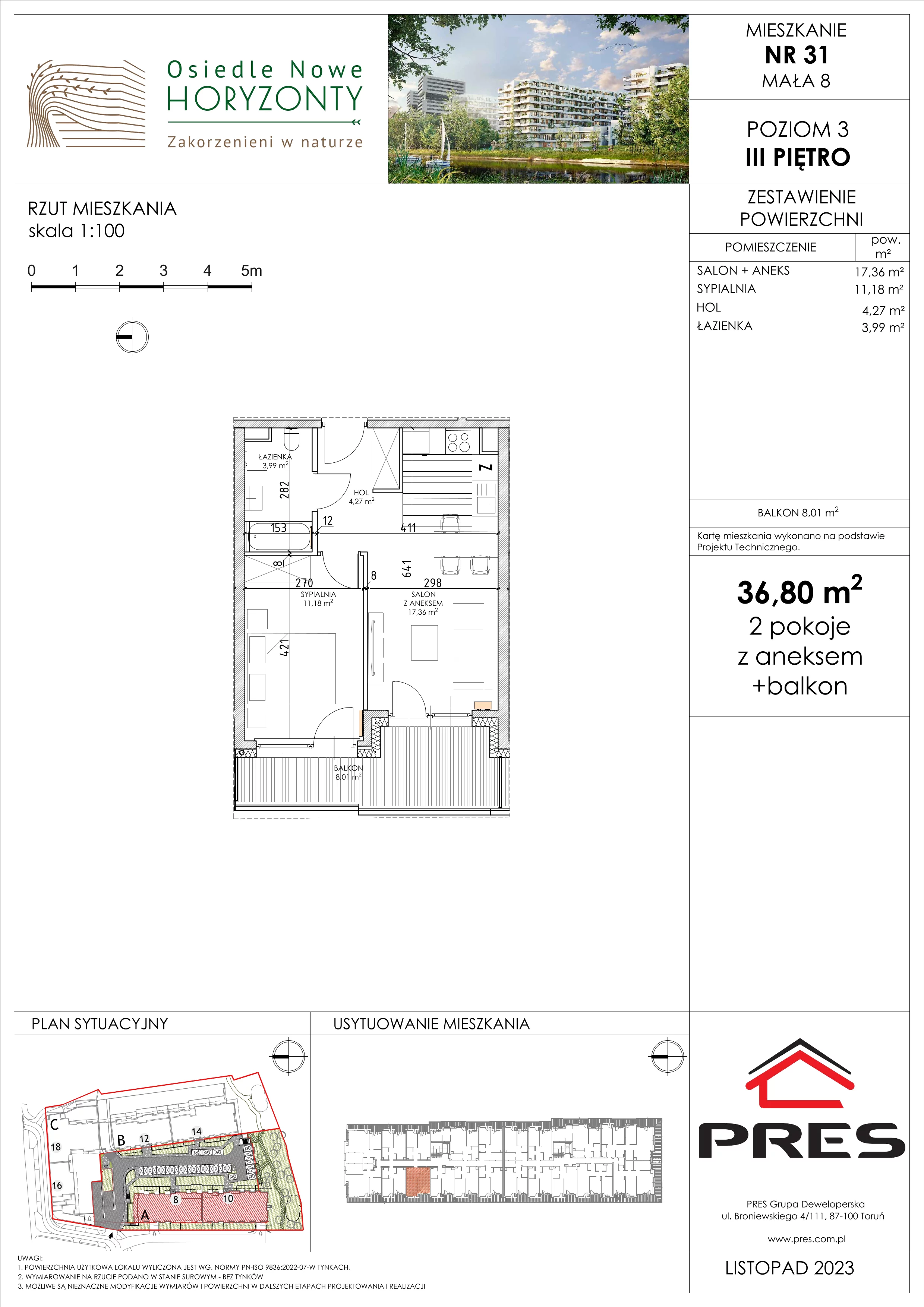 Mieszkanie 36,80 m², piętro 3, oferta nr F-BYD-E1-LM-2_M31, Osiedle Nowe Horyzonty, Bydgoszcz, Bartodzieje, ul. Mała 8,10 / Fordońska 16,18