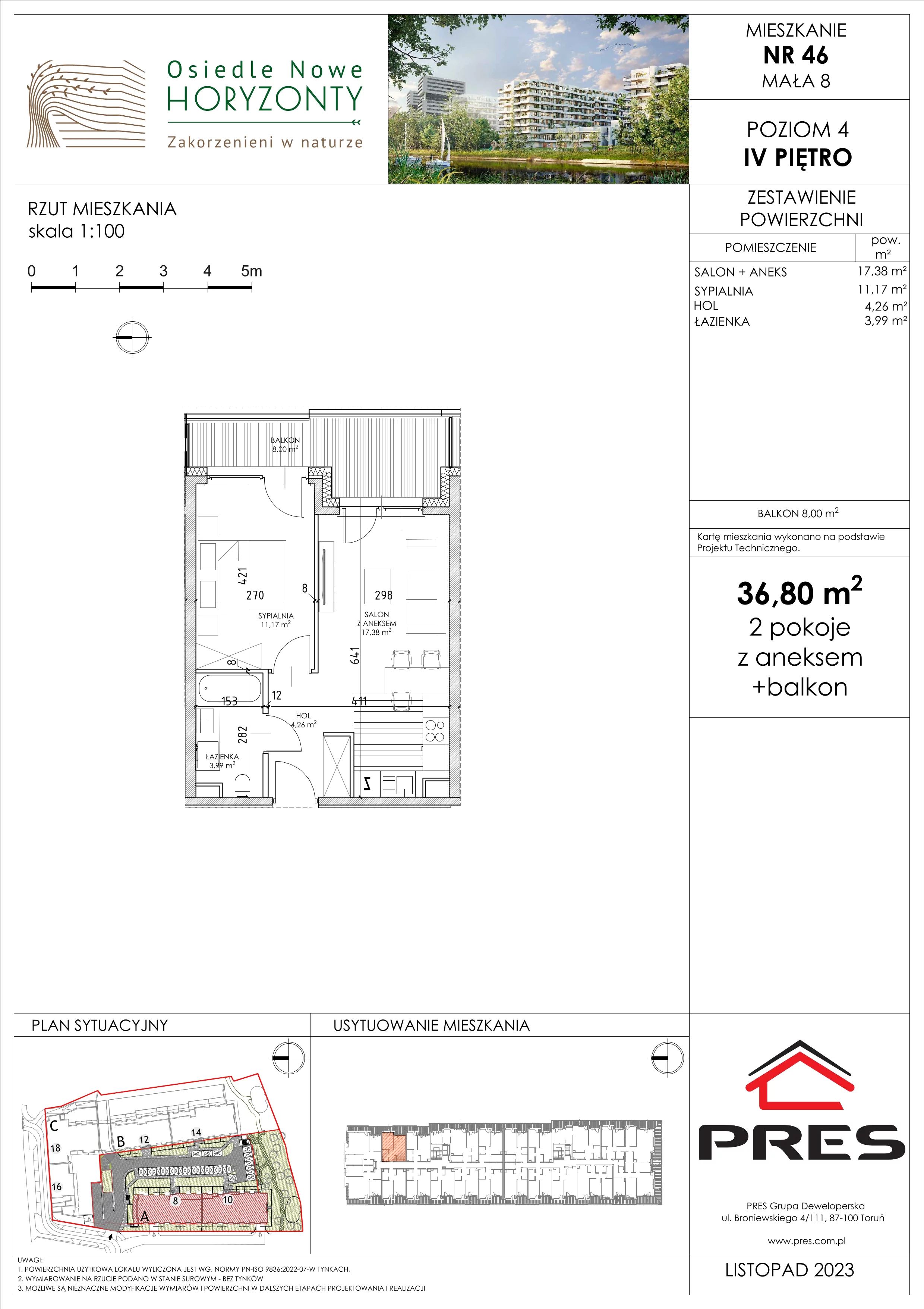 Mieszkanie 36,80 m², piętro 4, oferta nr F-BYD-E1-LM-2_M46, Osiedle Nowe Horyzonty, Bydgoszcz, Bartodzieje, ul. Mała 8,10 / Fordońska 16,18