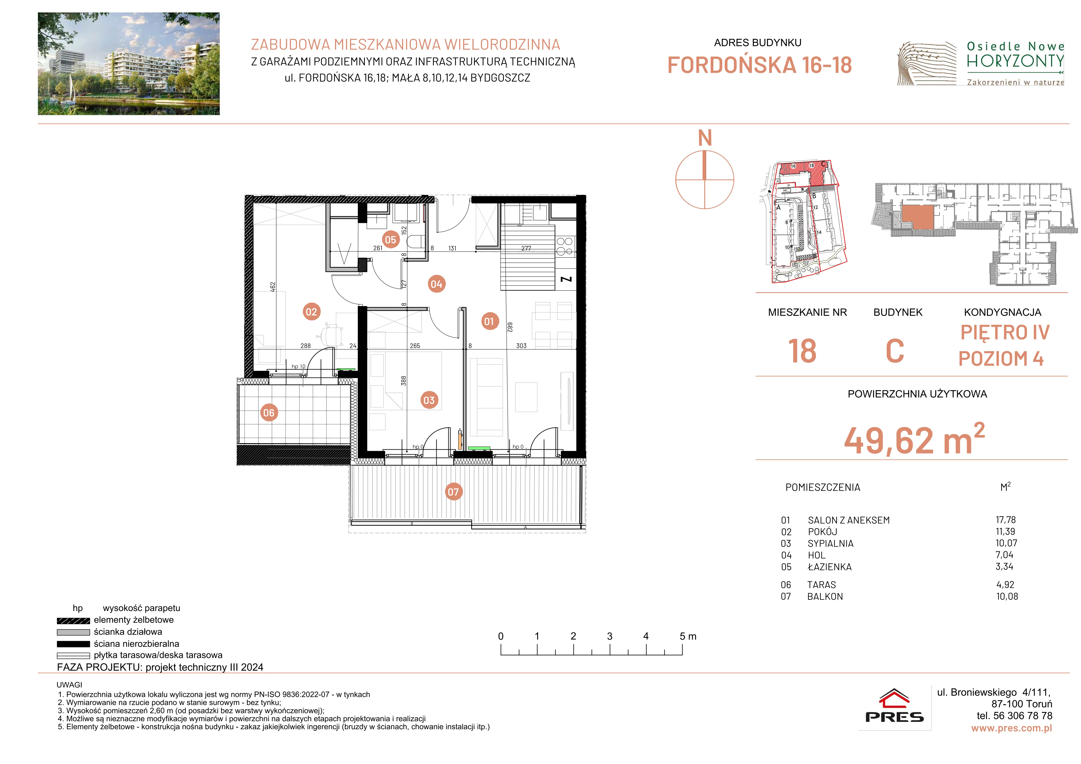 3 pokoje, mieszkanie 49,62 m², piętro 4, oferta nr ONH-C-KLF16-LM18, Osiedle Nowe Horyzonty - etap II, Bydgoszcz, Bartodzieje, ul. Fordońska 16-18